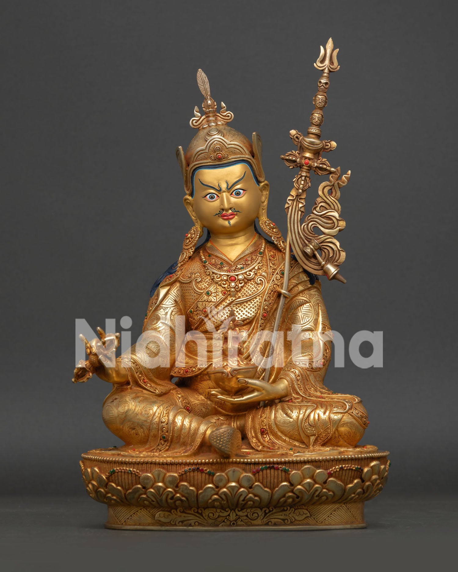 Handcrafted Guru Rinpoche Statue with 24K Gold Gilding and Lotus Pedestal
