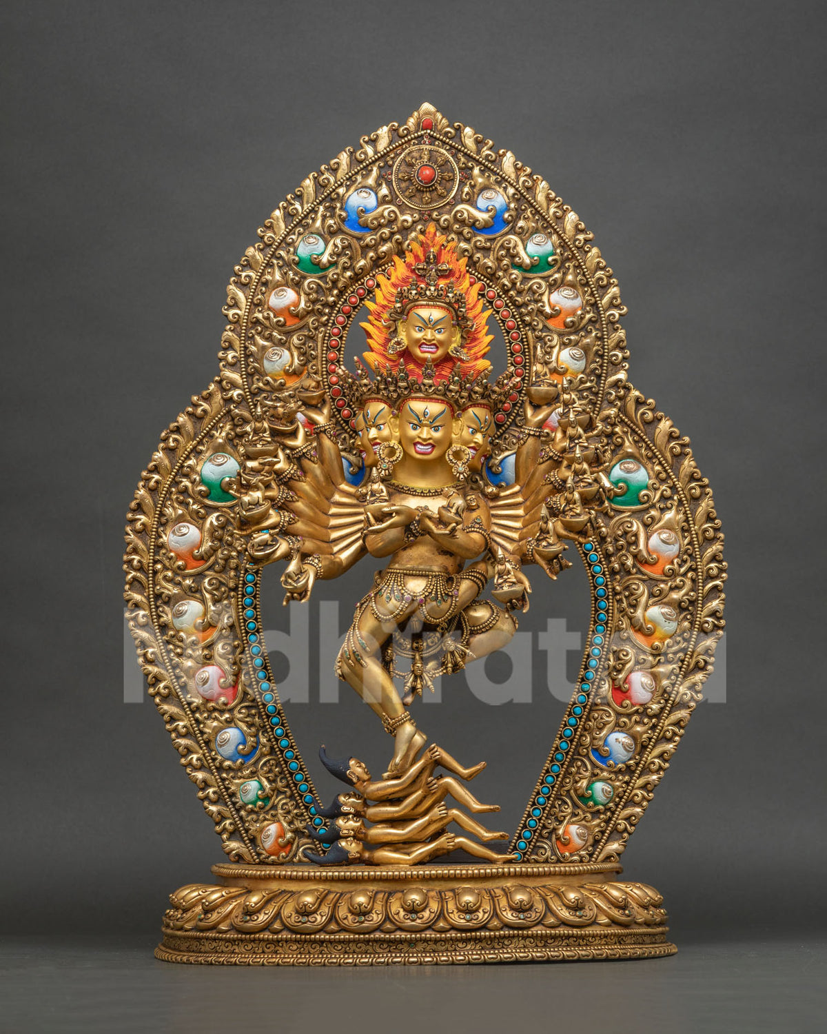 Handcrafted Hevajra Yab-Yum statue from Nepal with turquoise and coral inlaid halo, full front view