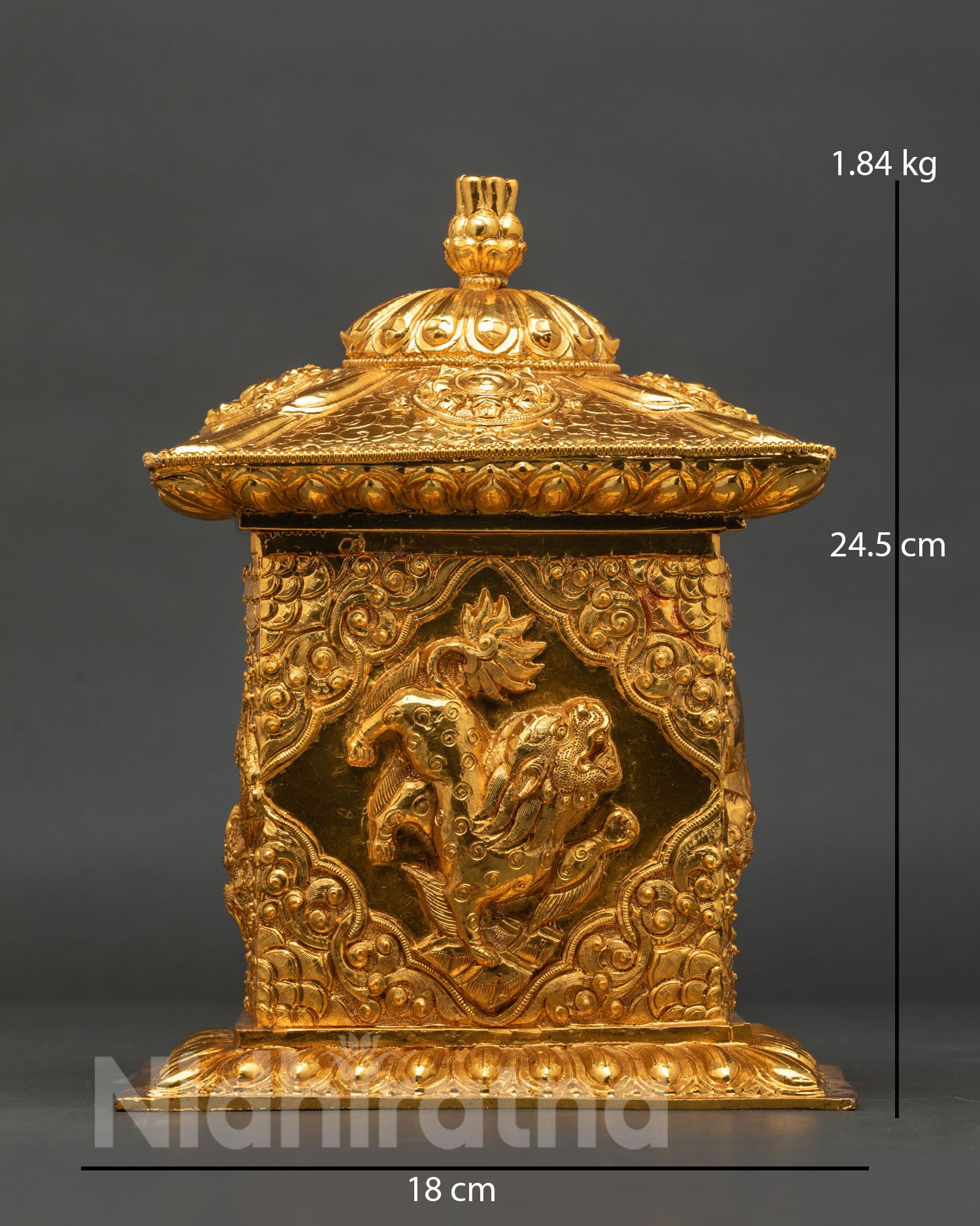 Handcrafted Himalayan Buddhist treasure box from Nepal with gold-plated copper and mythical creatures