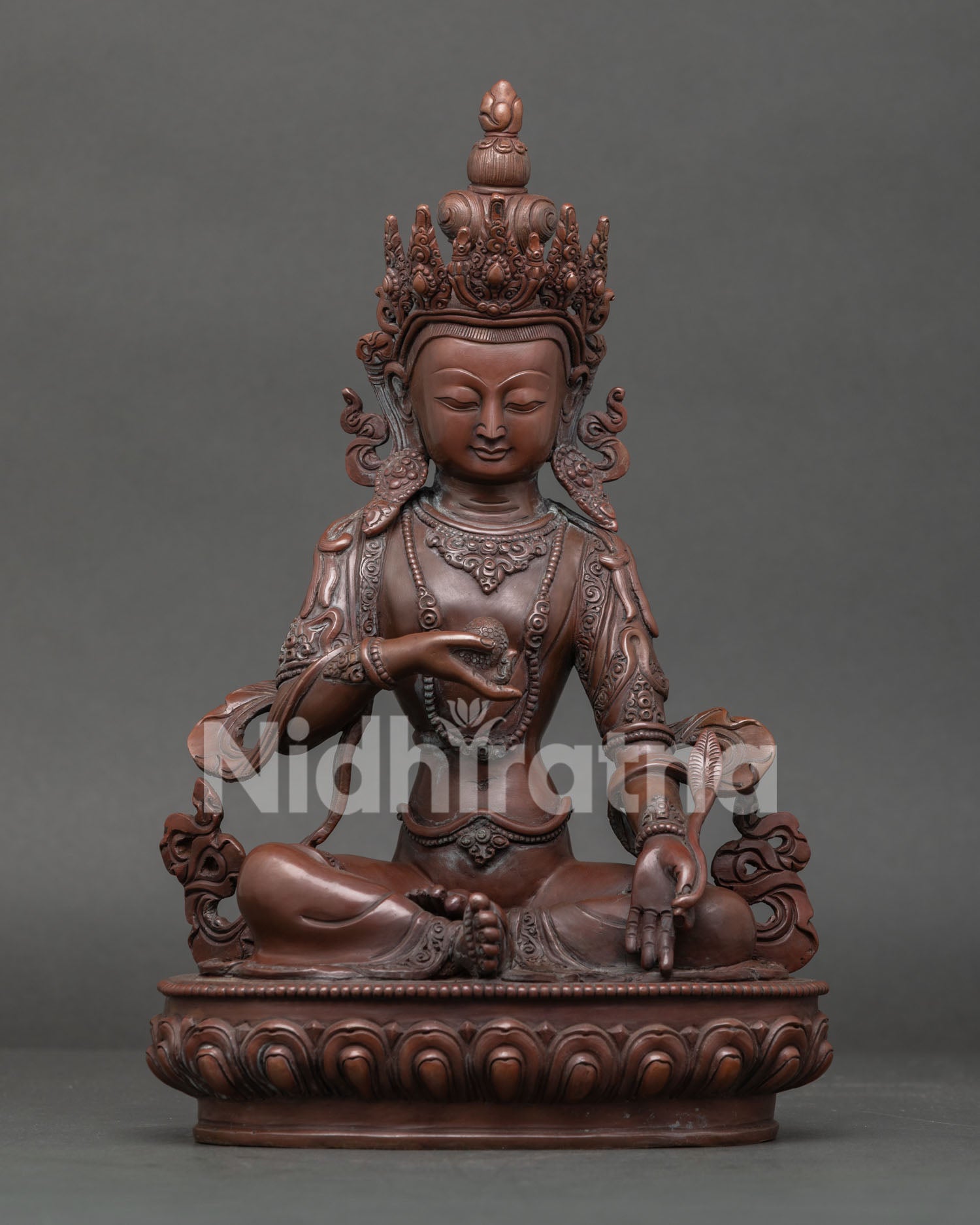 Handcrafted Kshitigarbha Bodhisattva Statue Copper Oxidized Finish Nepalese Buddhist Art.
