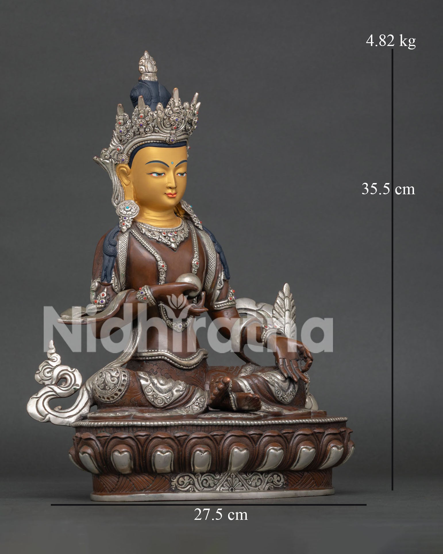 Handcrafted Kshitigarbha Statue with Oxidized Silver Plated Copper Finish