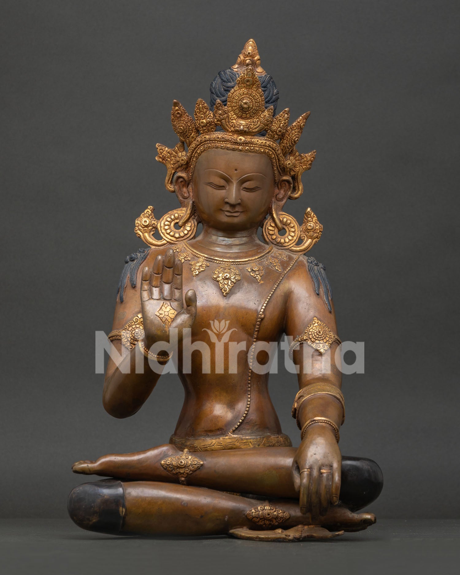 Handcrafted Lokeshvara Statue Front View Gold Fire Gilded Oxidized Copper.