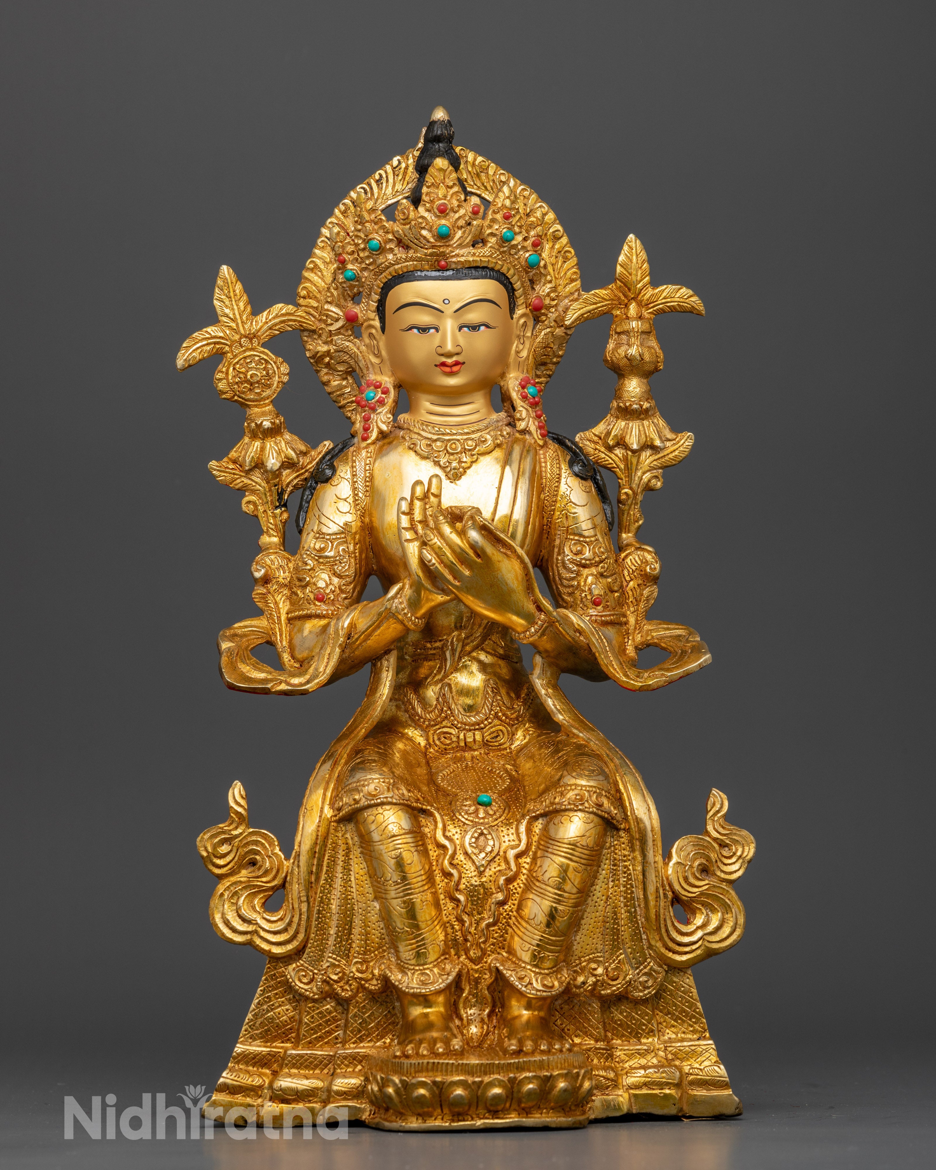 Handcrafted Maitreya Buddha Statue with 24K gold fire gilding and semi-precious stone crown from Nepal