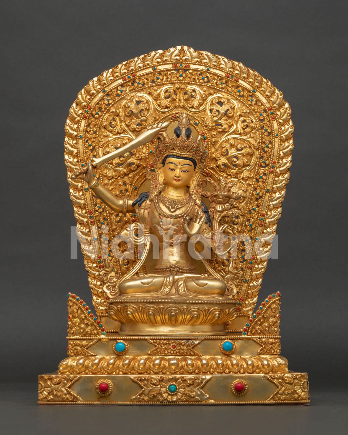 Handcrafted Manjushri Bodhisattva statue with flaming wisdom sword and Prajnaparamita Sutra from Nepal