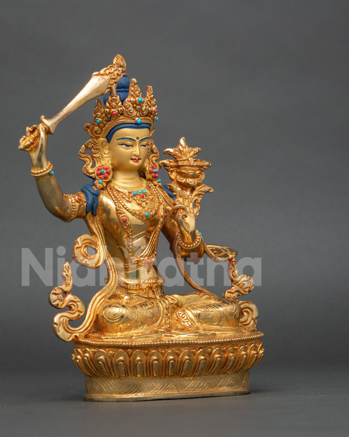 Handcrafted Manjushri Buddha Statue from Patan, Nepal with semi precious stones