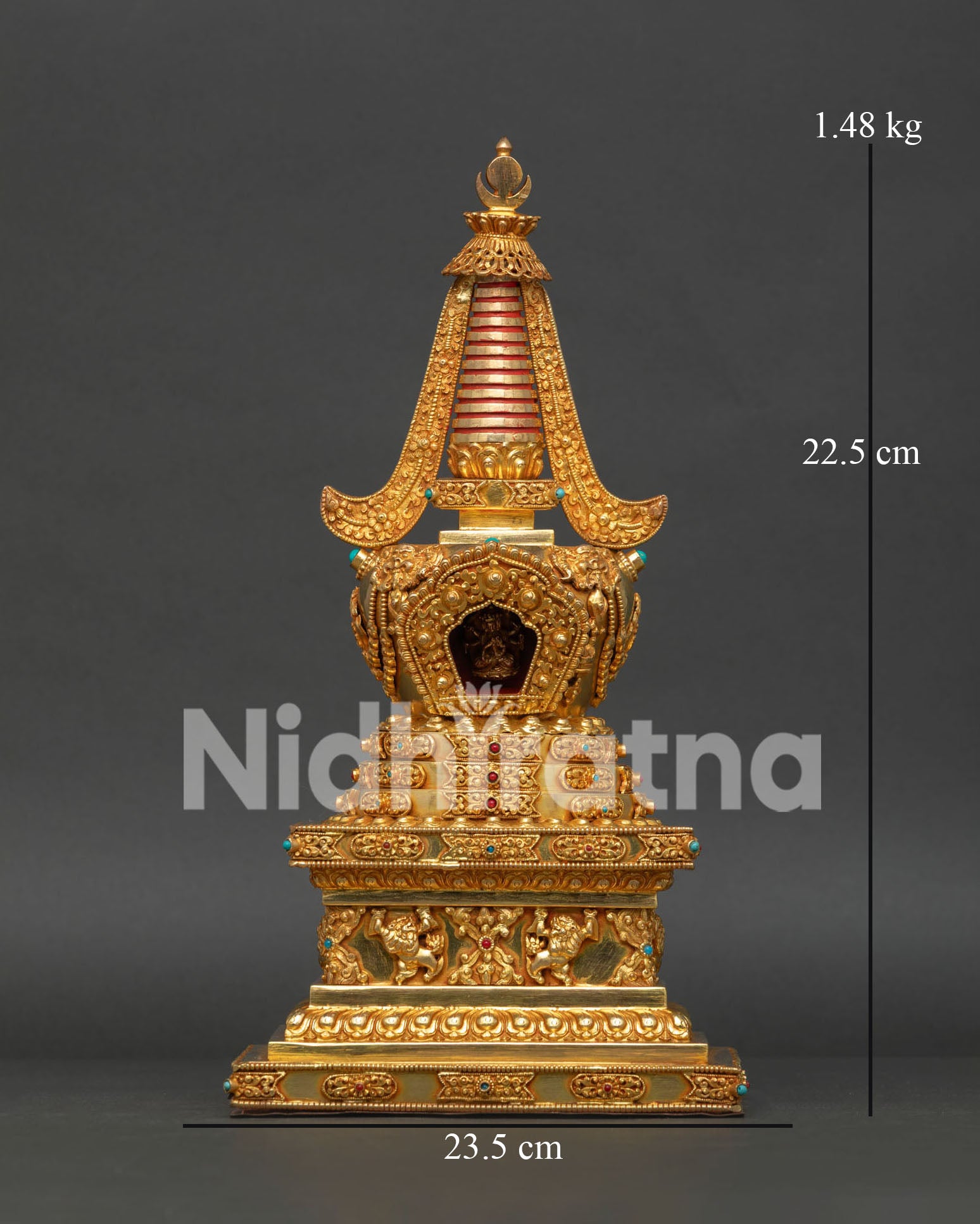 Handcrafted Namgyalma Stupa from Nepal with Gold Plated Copper and Turquoise, Coral Stone Details