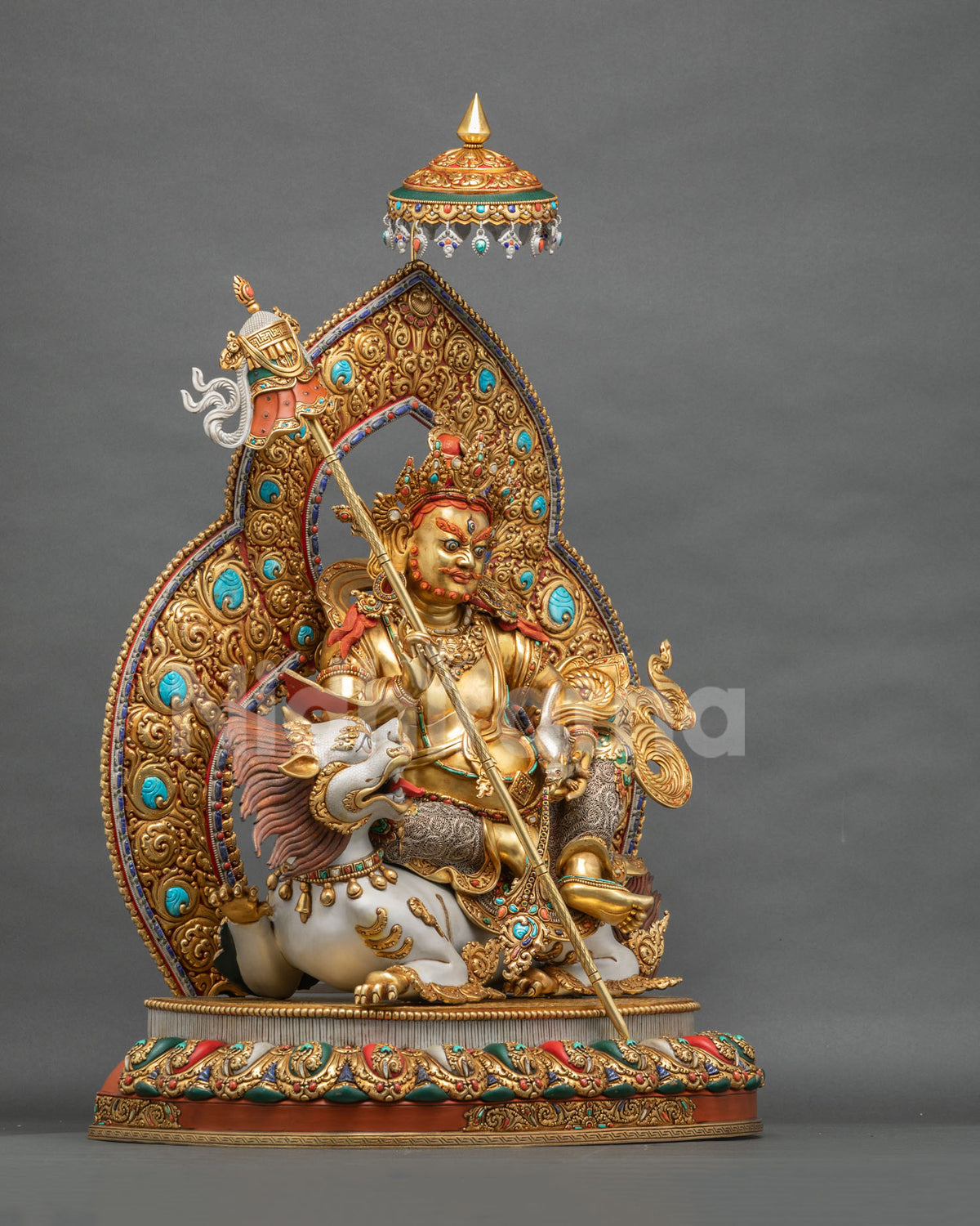 Handcrafted Namtoshe statue with flaming halo and jeweled parasol, three-quarter view