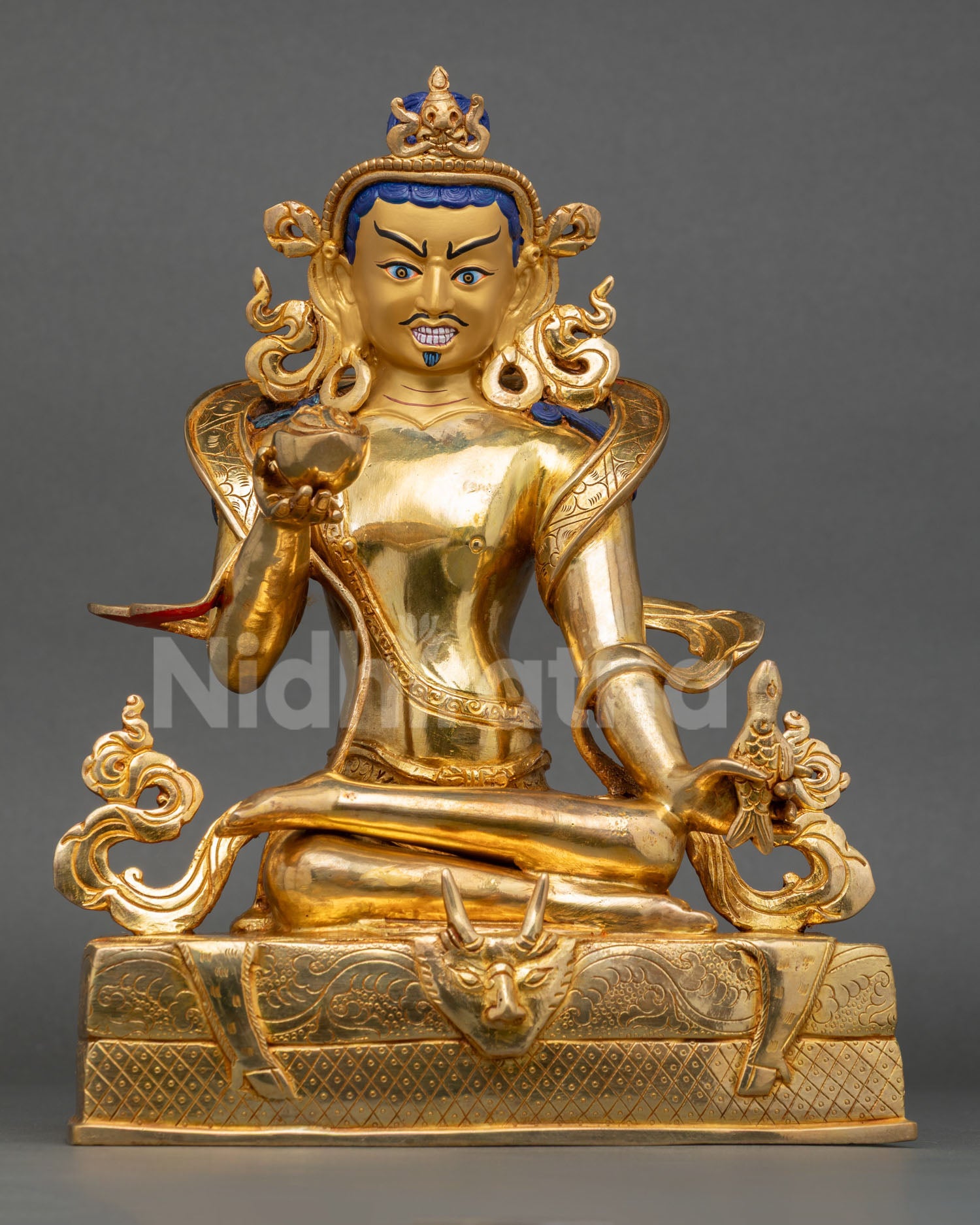 handcrafted naropa statue with gold fire gilding and ornate lotus pedestal from nepal