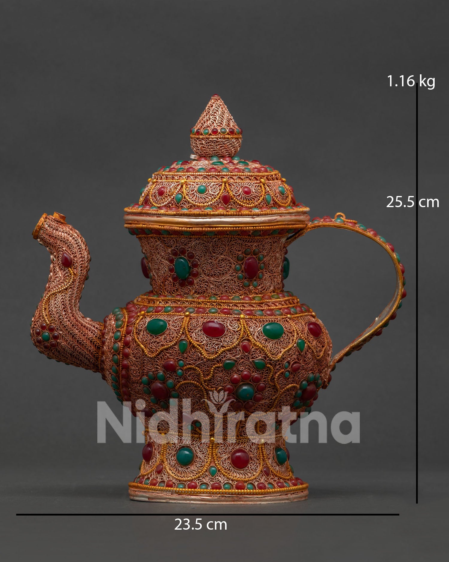 Handcrafted Nepalese Copper Tea Pot with Ruby and Emerald Gemstones