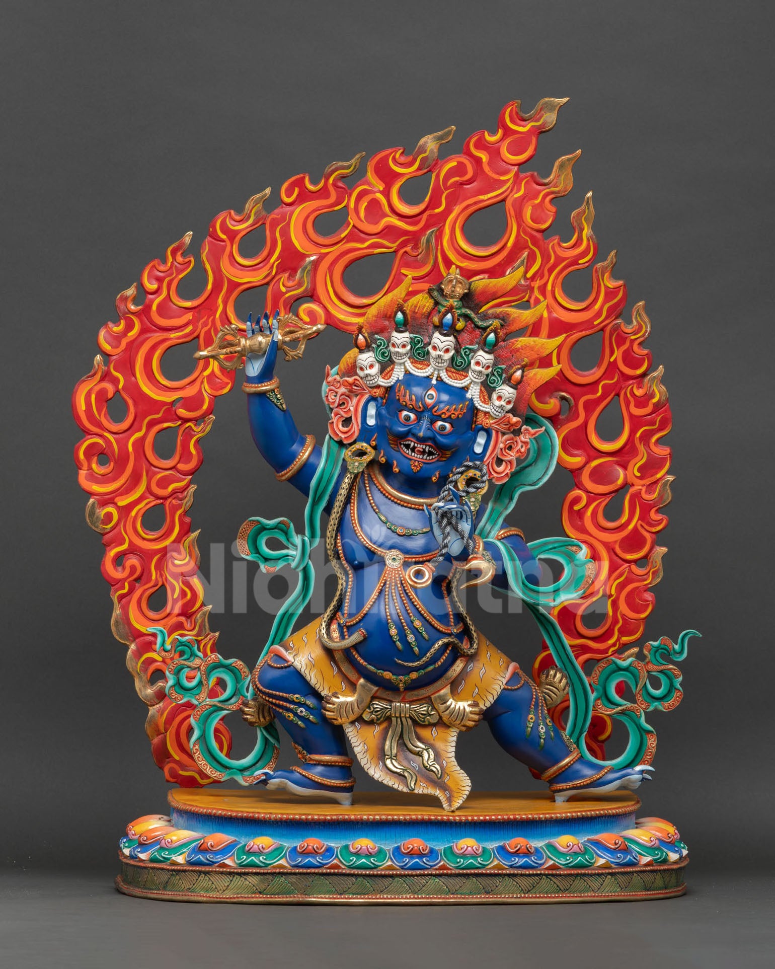 Handcrafted Nepalese Vajrapani Bodhisattva statue in blue copper with vajra, wrathful expression on lotus seat