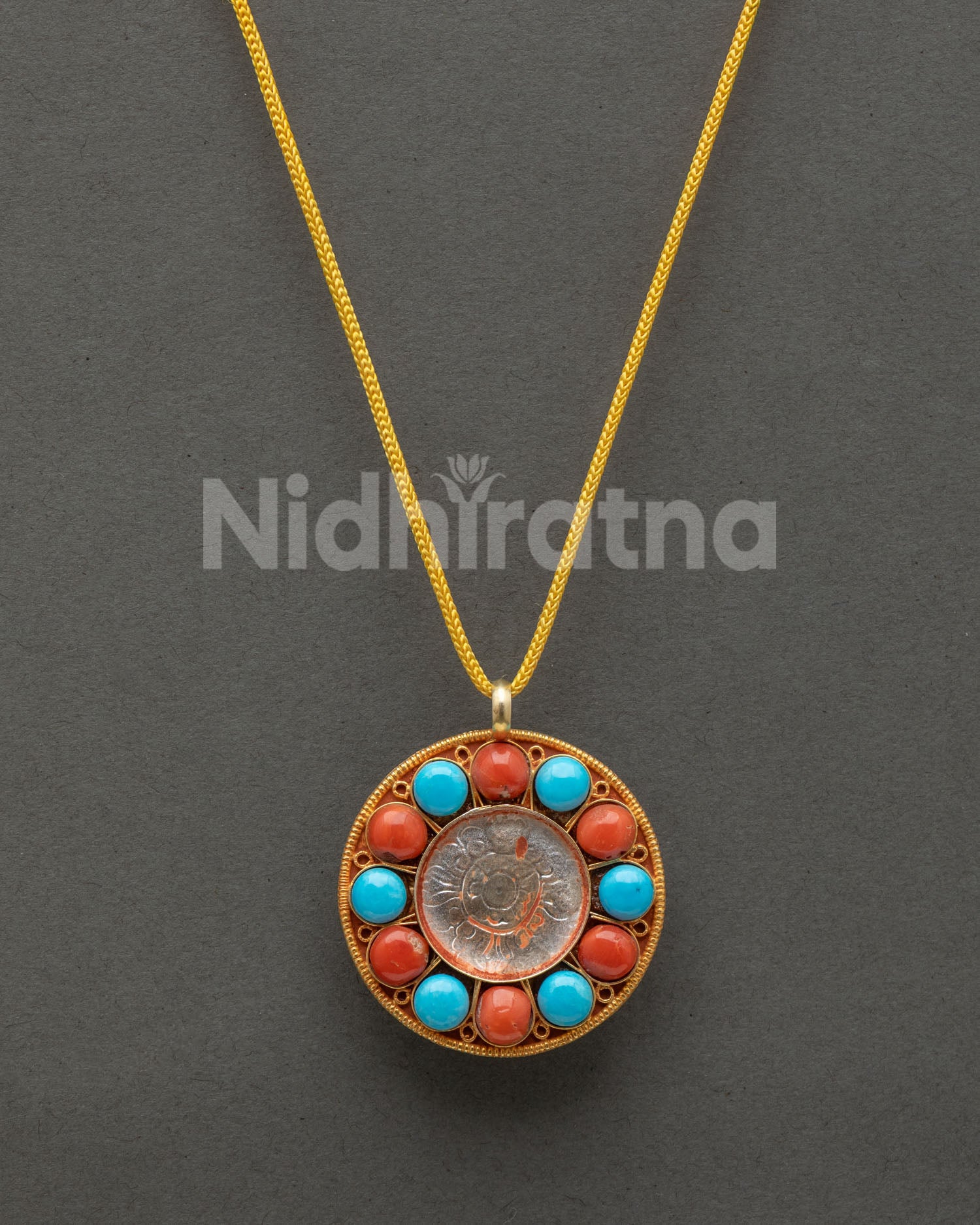 Handcrafted Newari flower pendant with colorful gemstones from Patan, Nepal