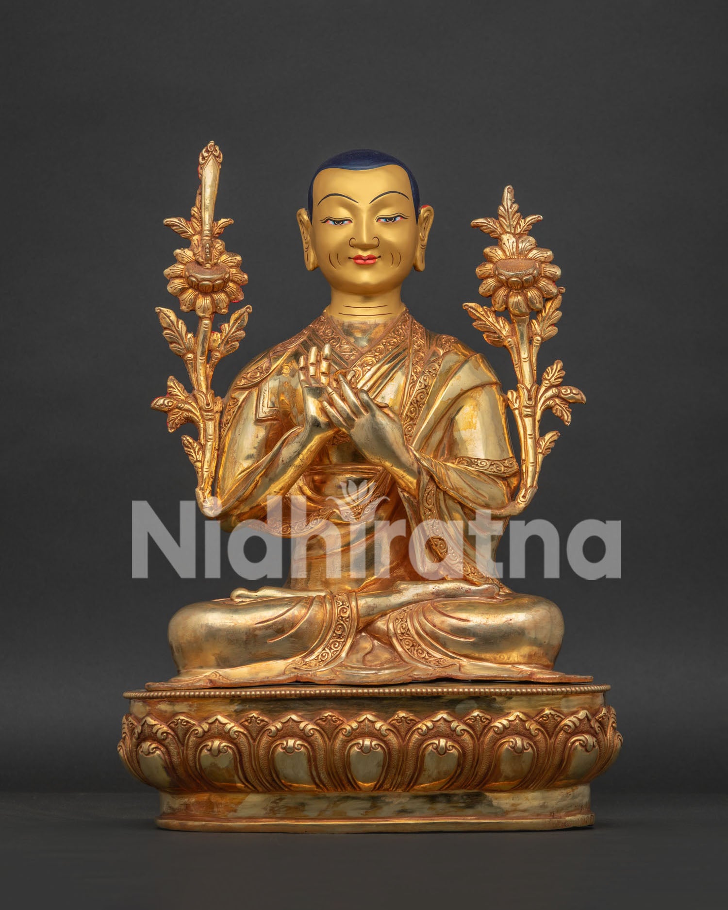 Handcrafted Newari Tsongkhapa trio showing serene faces and traditional Buddhist details