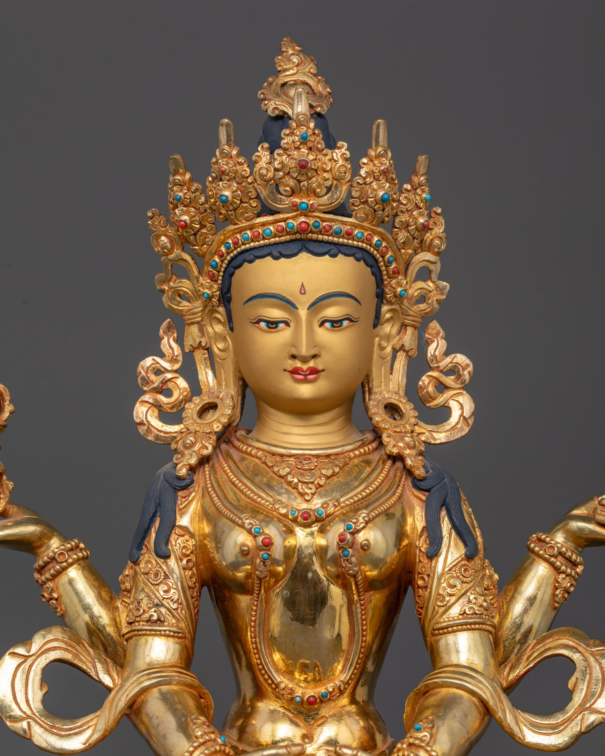 Handcrafted Prajnaparamita Statue with Gold Painted Face and Semi Precious Stones from Patan, Nepal
