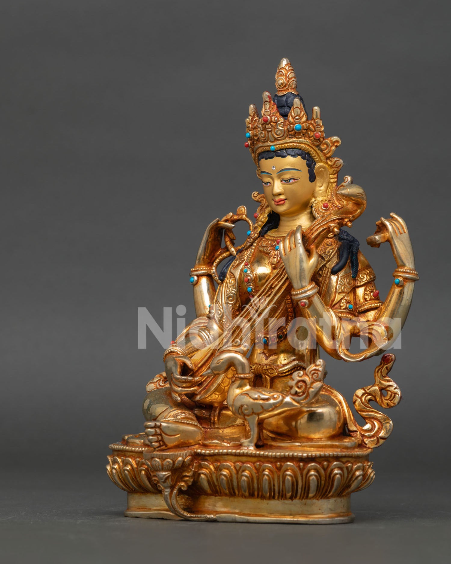 Handcrafted saraswati statue with gold gilded copper finish from patan nepal