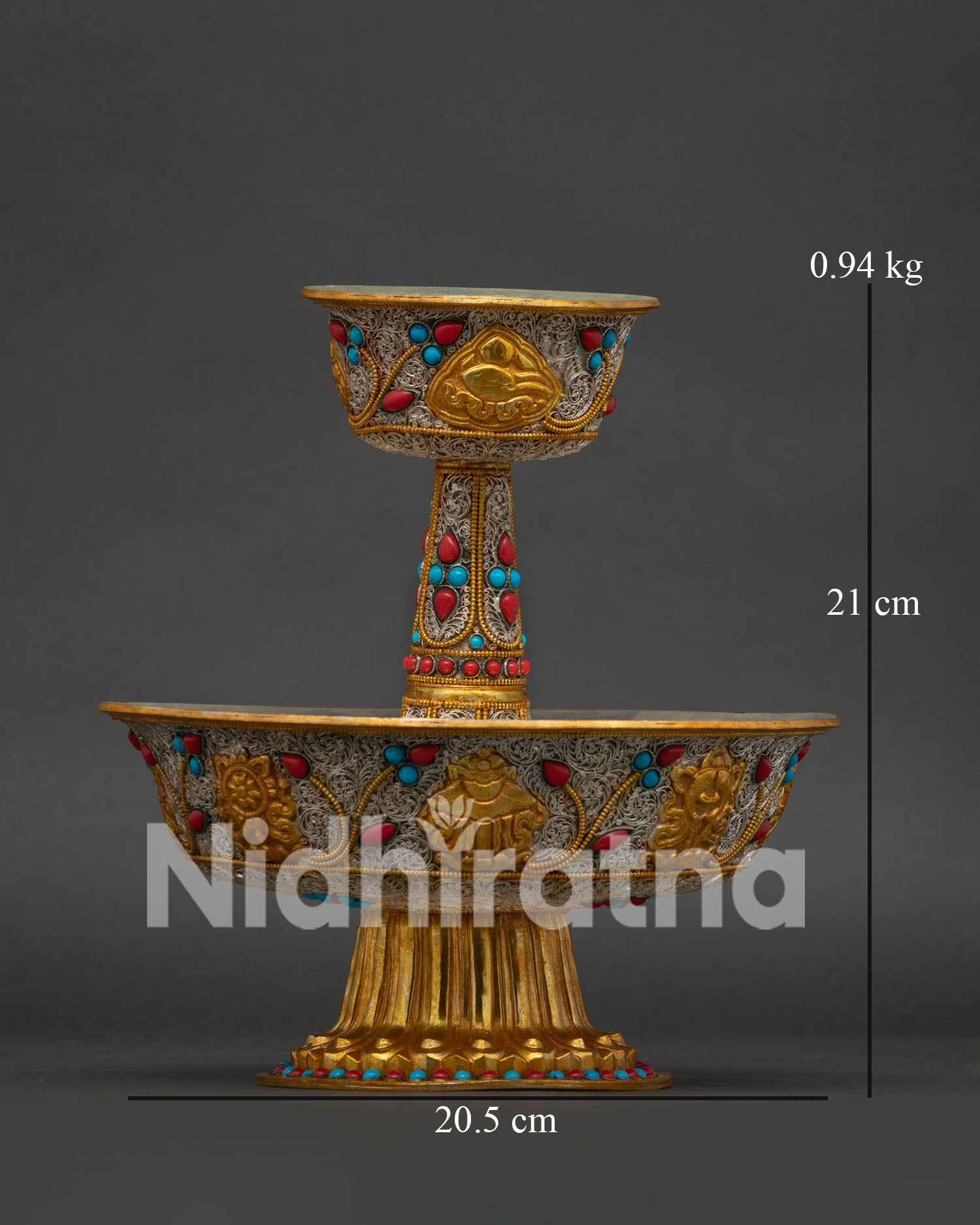 Handcrafted Serkyem Offering Set in copper with gold and silver filigree, turquoise and coral stone accents