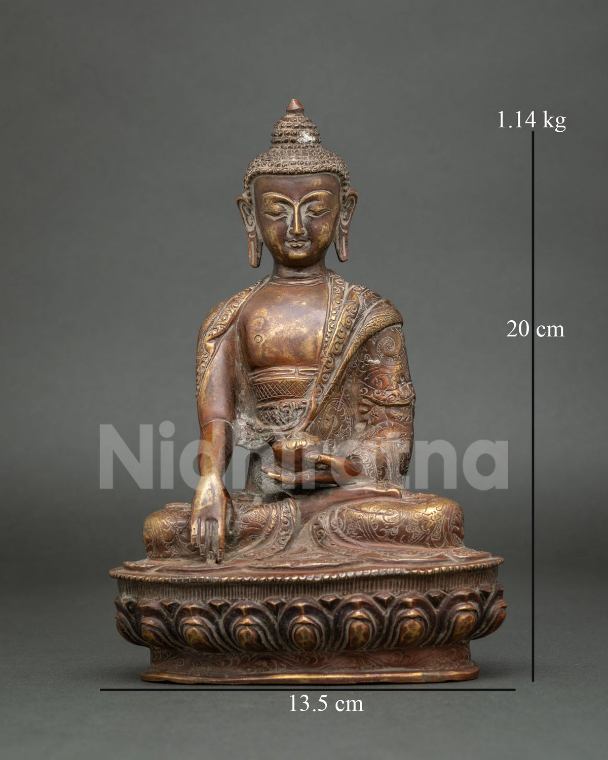 Handcrafted Shakyamuni Buddha statue from Nepal in chemically oxidized antique-finish copper.