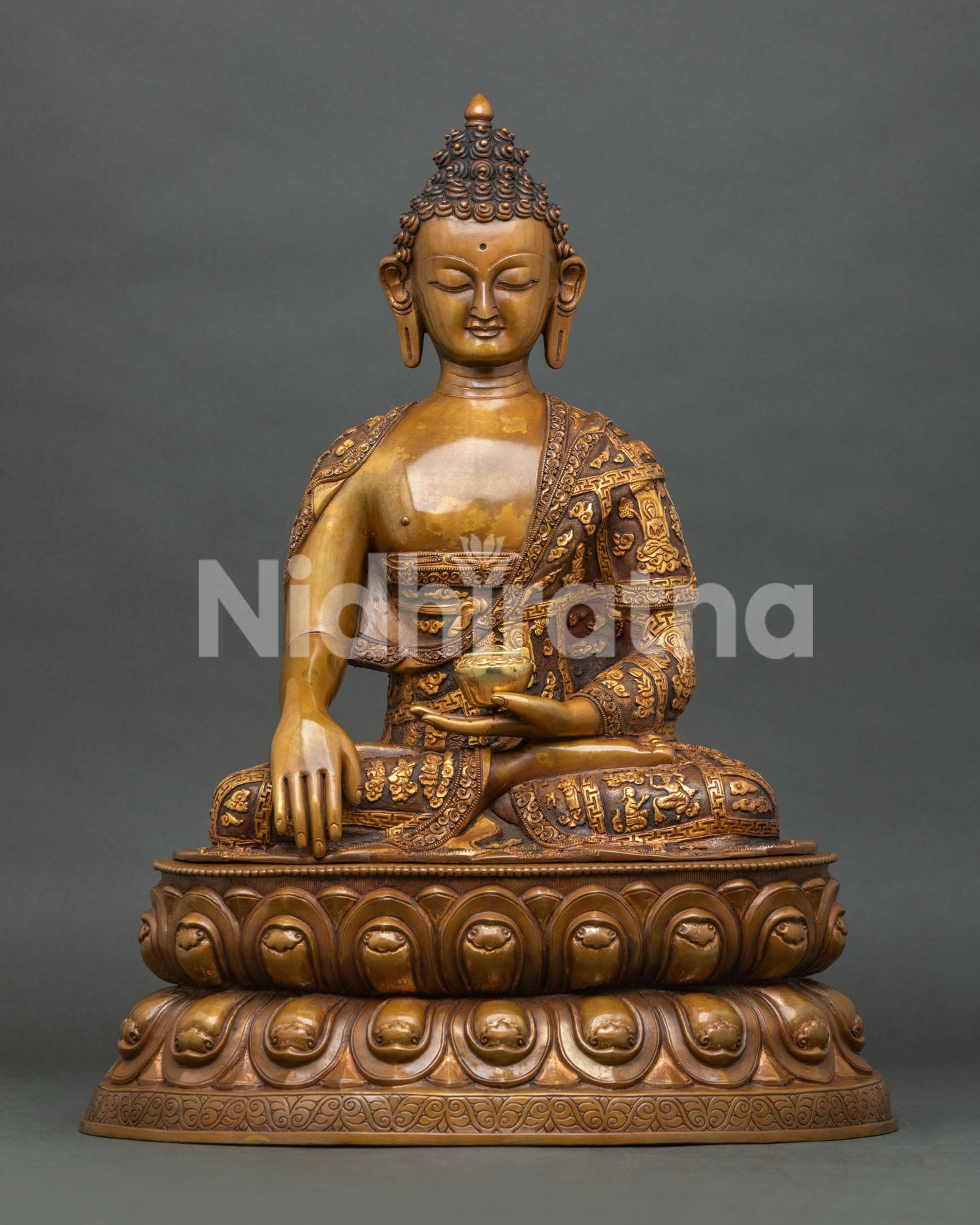 Handcrafted Shakyamuni Buddha statue in brown oxidized copper with gold-gilded robe on double lotus pedestal