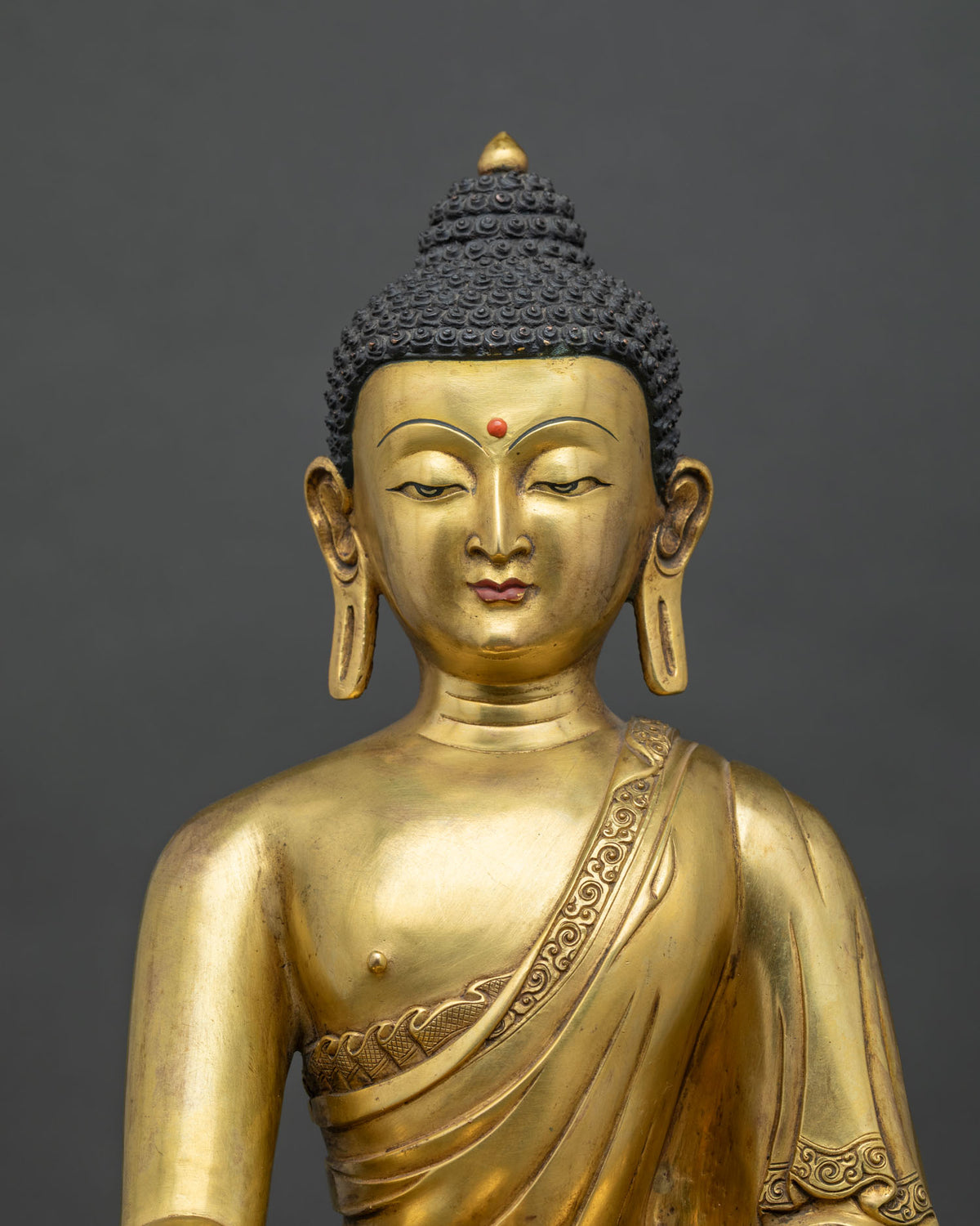 Handcrafted Shakyamuni Buddha Statue, Newari copper artistry close-up