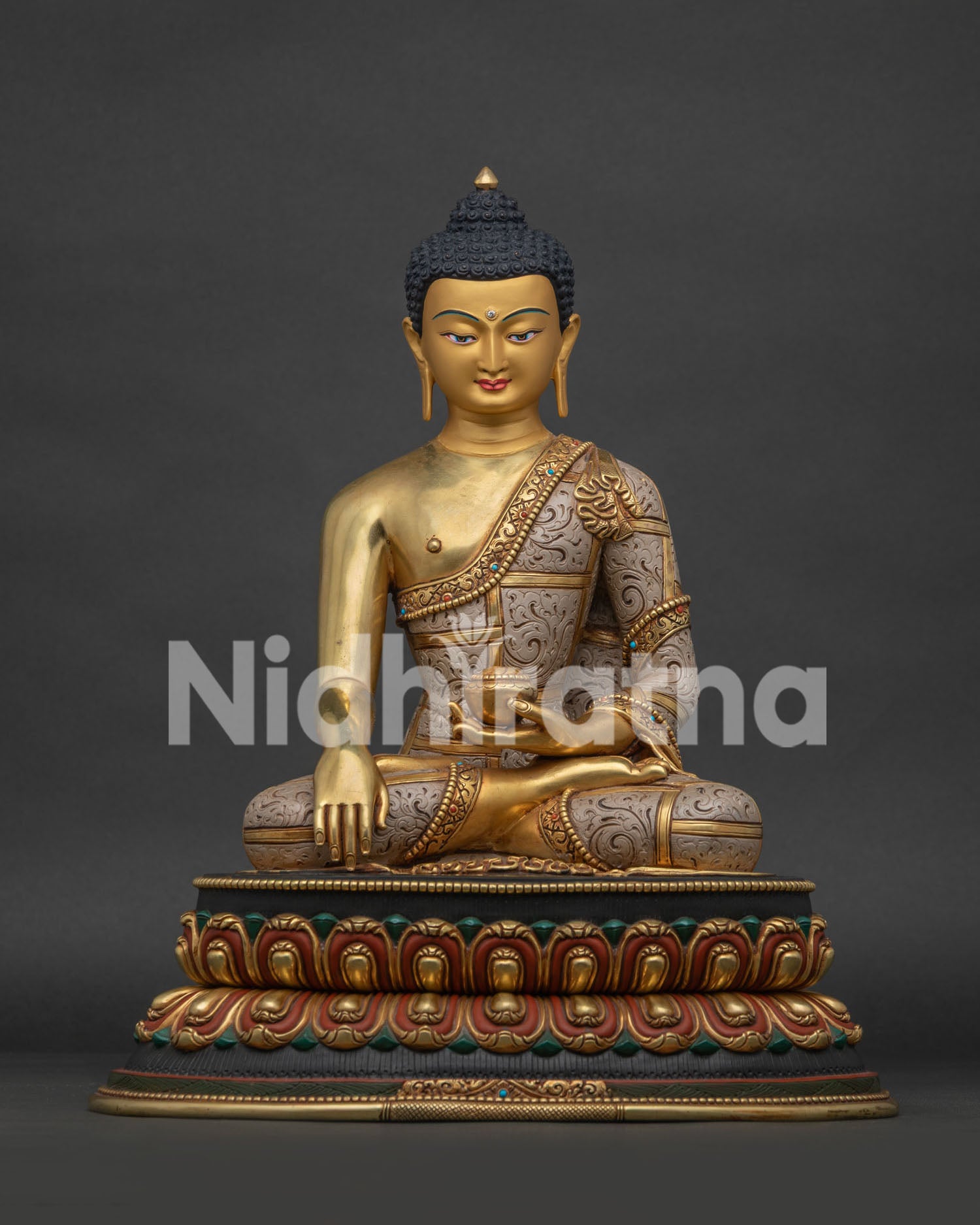 Handcrafted Shakyamuni Buddha Statue with 24K Gold Gilding and Lotus Throne from Nepal