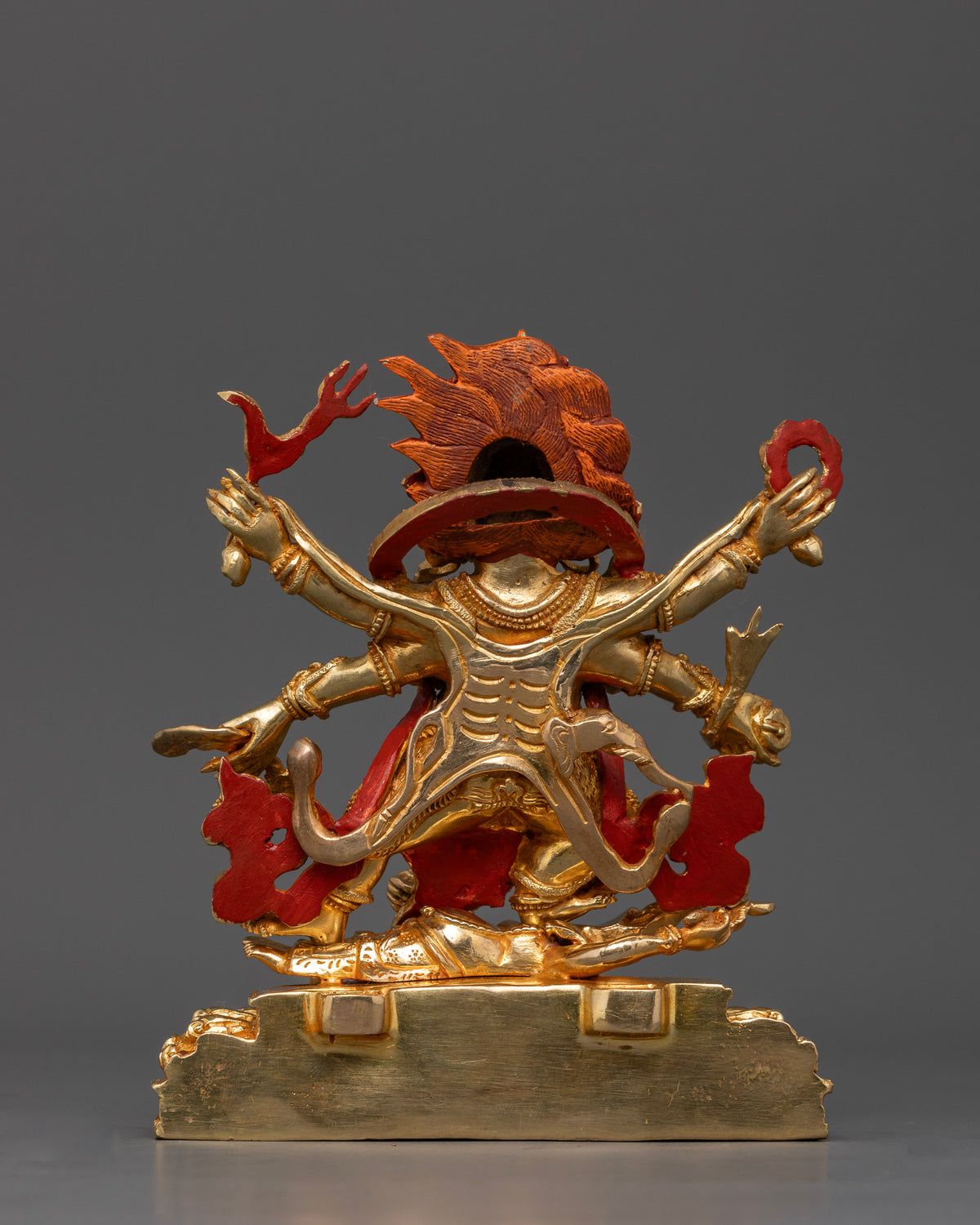 Handcrafted Six Armed Mahakala Statue Seated on Lotus Pedestal with Intricate Nepalese Buddhist Carvings