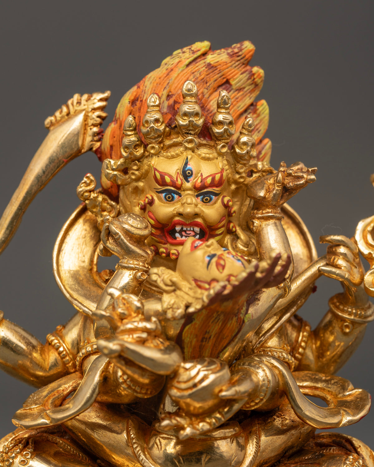 Handcrafted Six Armed Mahakala Yab Yum Statue from Patan, Nepal with Intricate Vajrayana Artwork