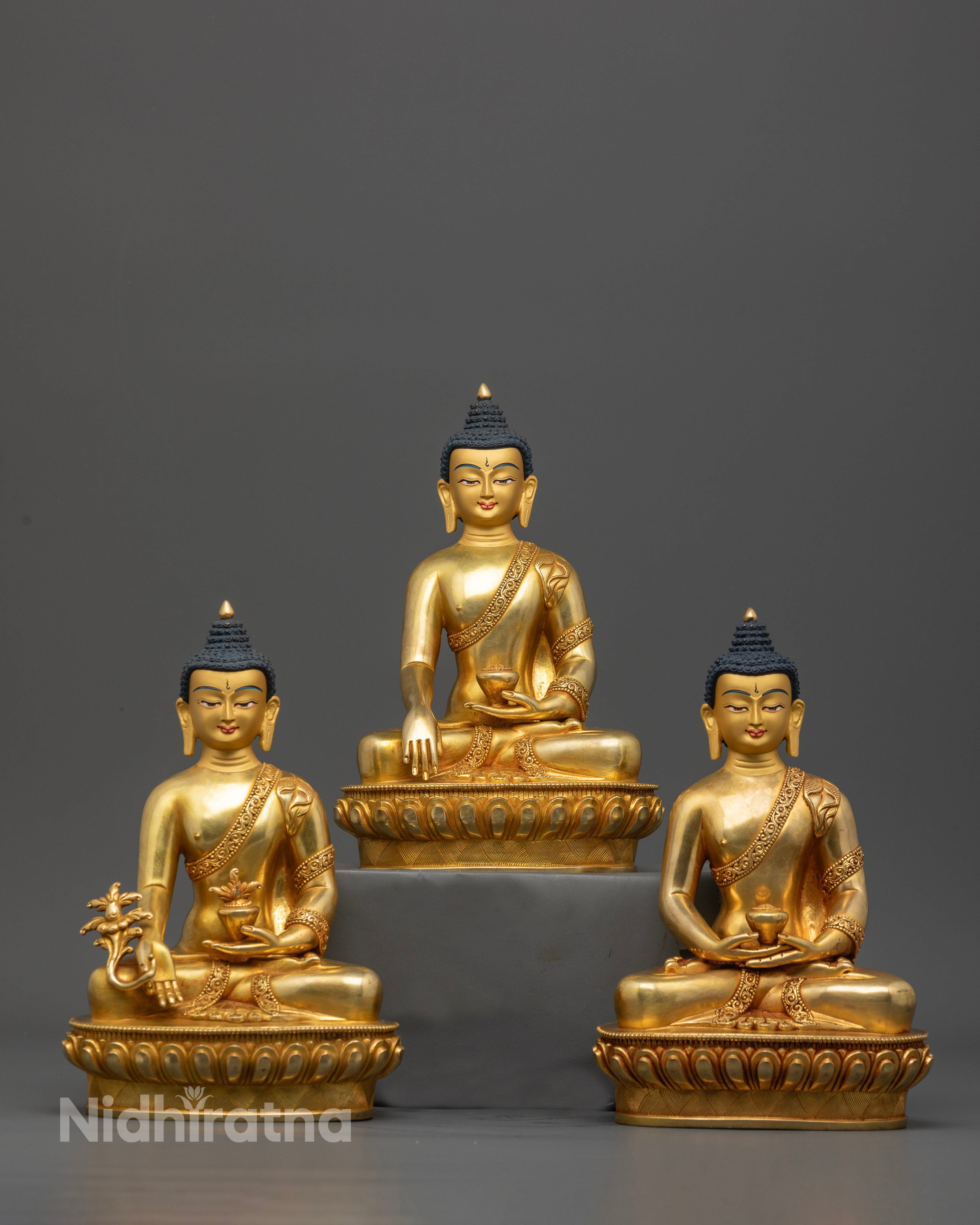 Handcrafted Three Buddha Set Statue Shakyamuni Amitabha Medicine Buddha Nepal.