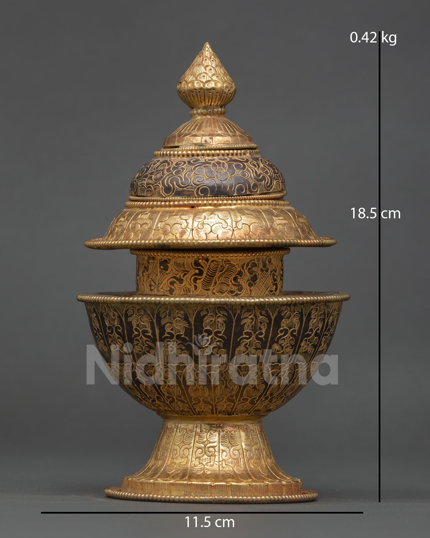 handcrafted tibetan neshi rice pot with gold gilding and oxidized copper finish
