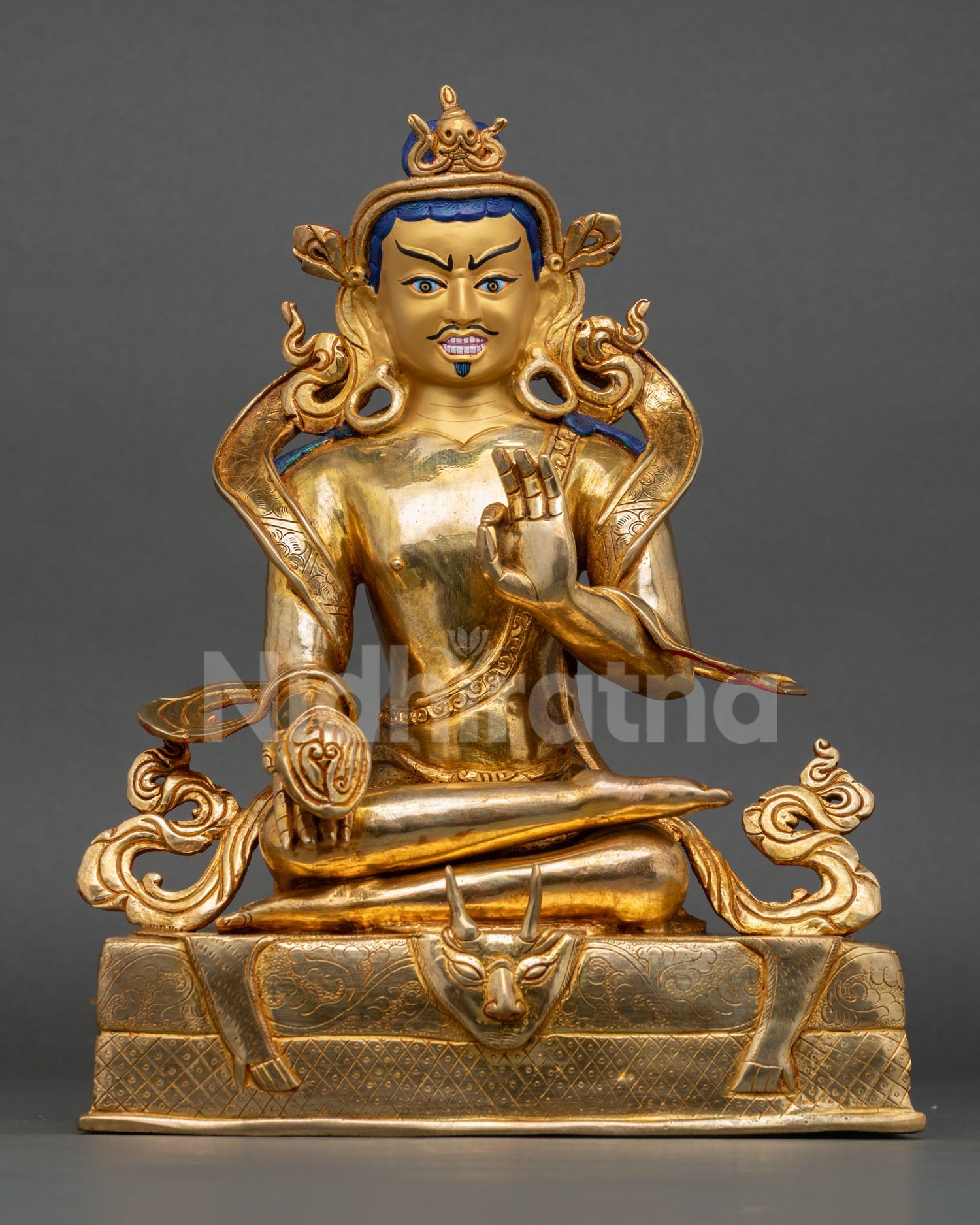 handcrafted tilopa statue with gold fire gilding and ornate lotus base from nepal