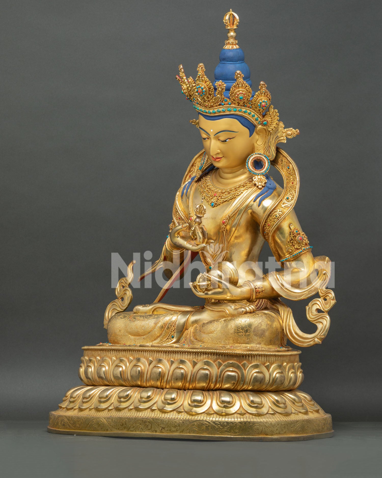 Handcrafted Vajrasattva Buddha statue seated lotus throne Himalayan tantric sculpture