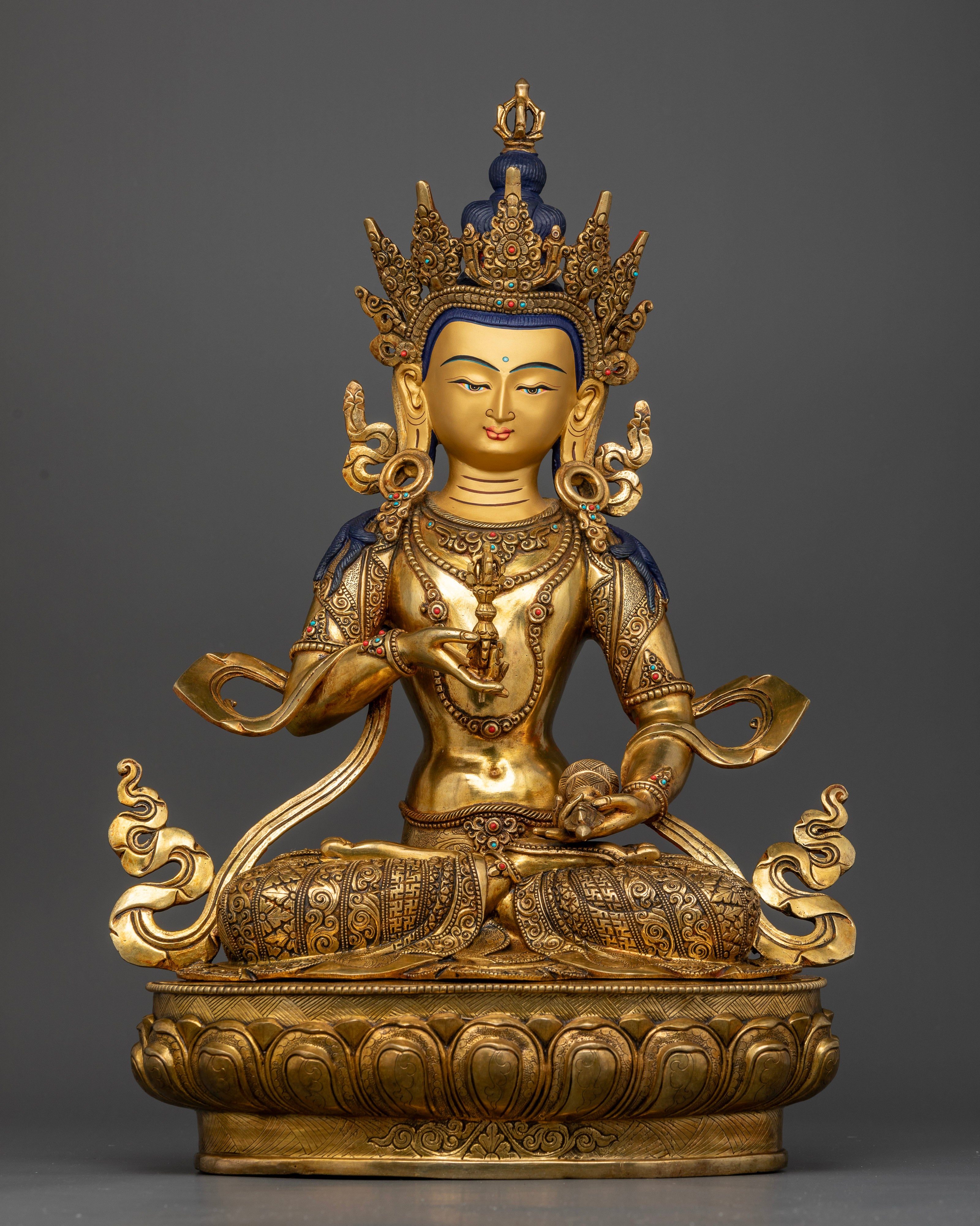 Handcrafted Vajrasattva Statue in 24K Gold Fire Gilded Copper with Five Jeweled Crown
