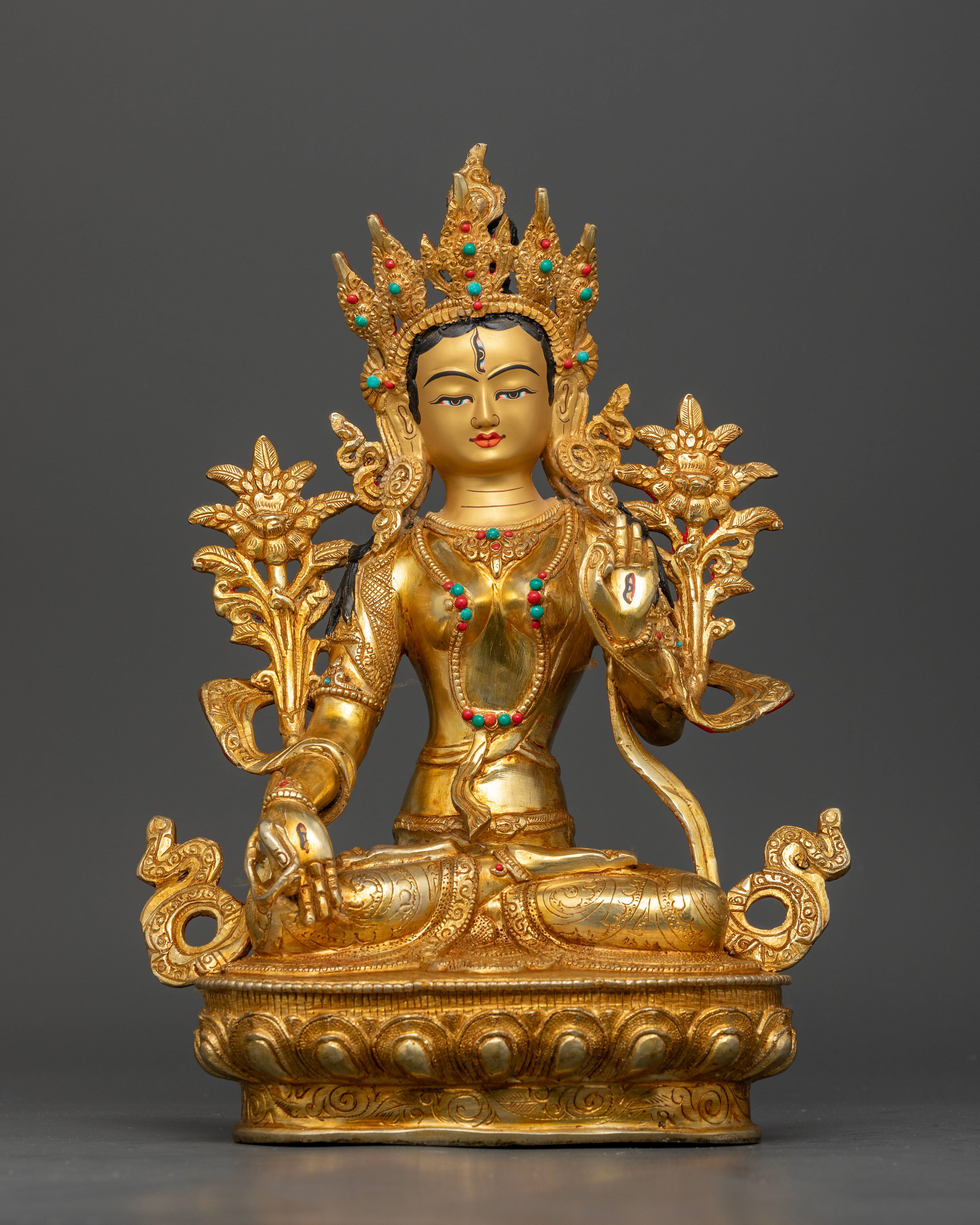 Handcrafted White Tara Buddhist sculpture with jeweled crown and semi-precious stone inlays