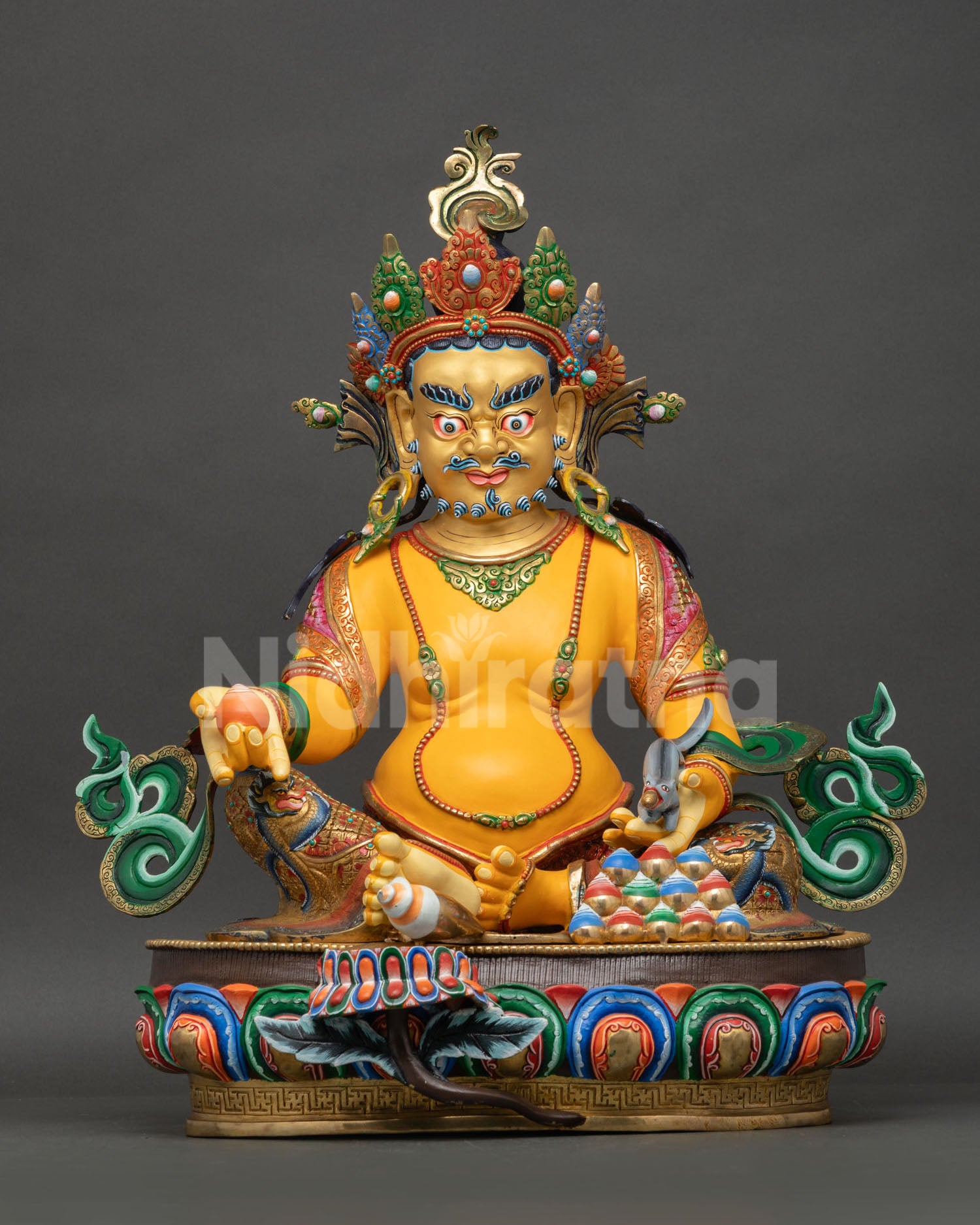 Handcrafted Yellow Dzambhala Buddhist statue front, gold-gilded copper with mongoose and citron, Nepal artisan
