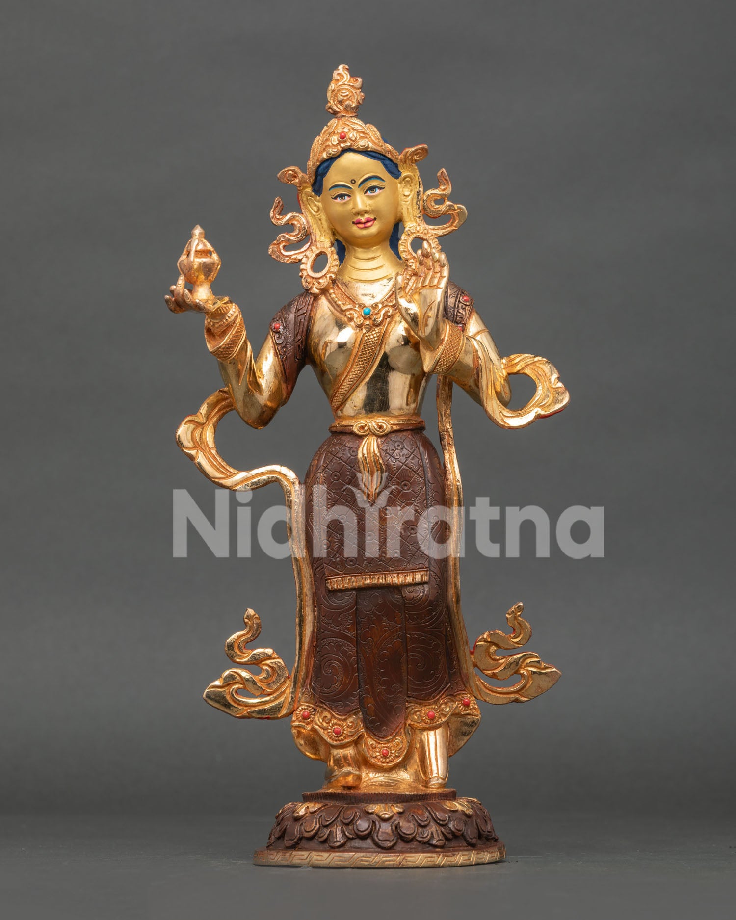 Handcrafted Yeshe Tsogyal copper statue with gold gilding and stone inlays
