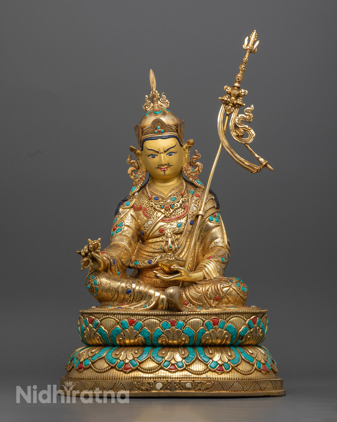 Handcrafted 24k gold gilded Guru Rinpoche statue seated on a lotus throne