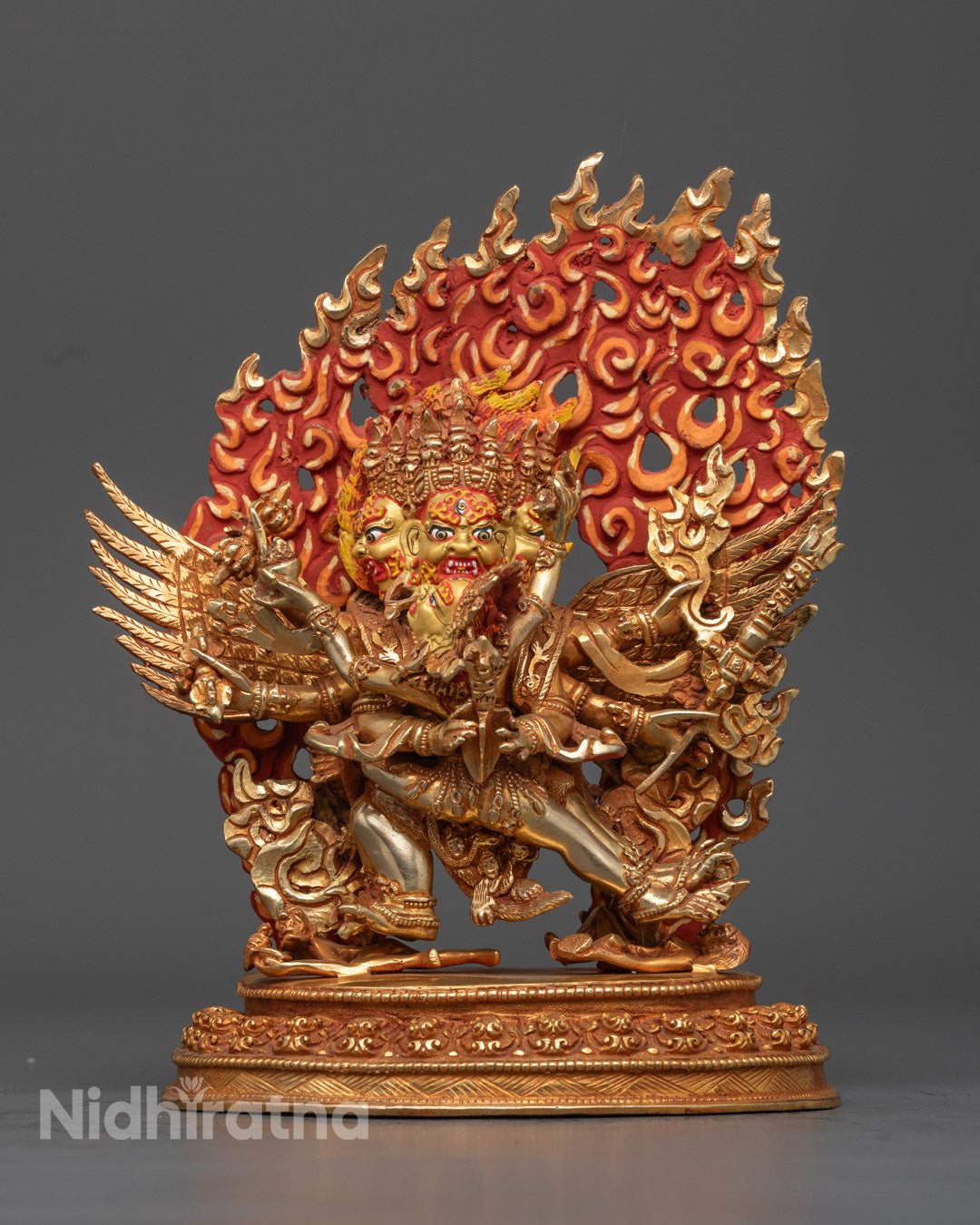 handcrafted Vajrakilaya sculpture with chögu robe and ritual symbols – Tibetan Buddhist deity statue made in Nepal