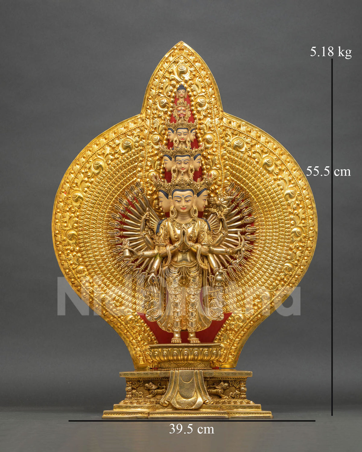 Handmade 1000 Arm Chenrezig statue from Nepal, front view with 24K gold fire-gilded halo and lotus base
