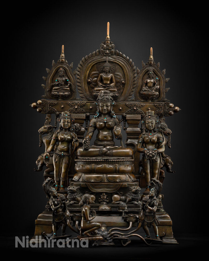Handmade Copper Tara Triad Statue – Bhrikuti, Green & White Tara, Nepal Buddhist Art