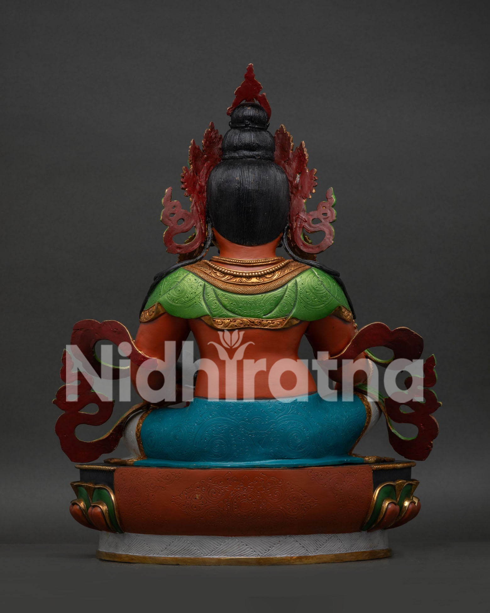 Handmade Dzambhala Statue on lotus throne with vibrant acrylic and gold gilding