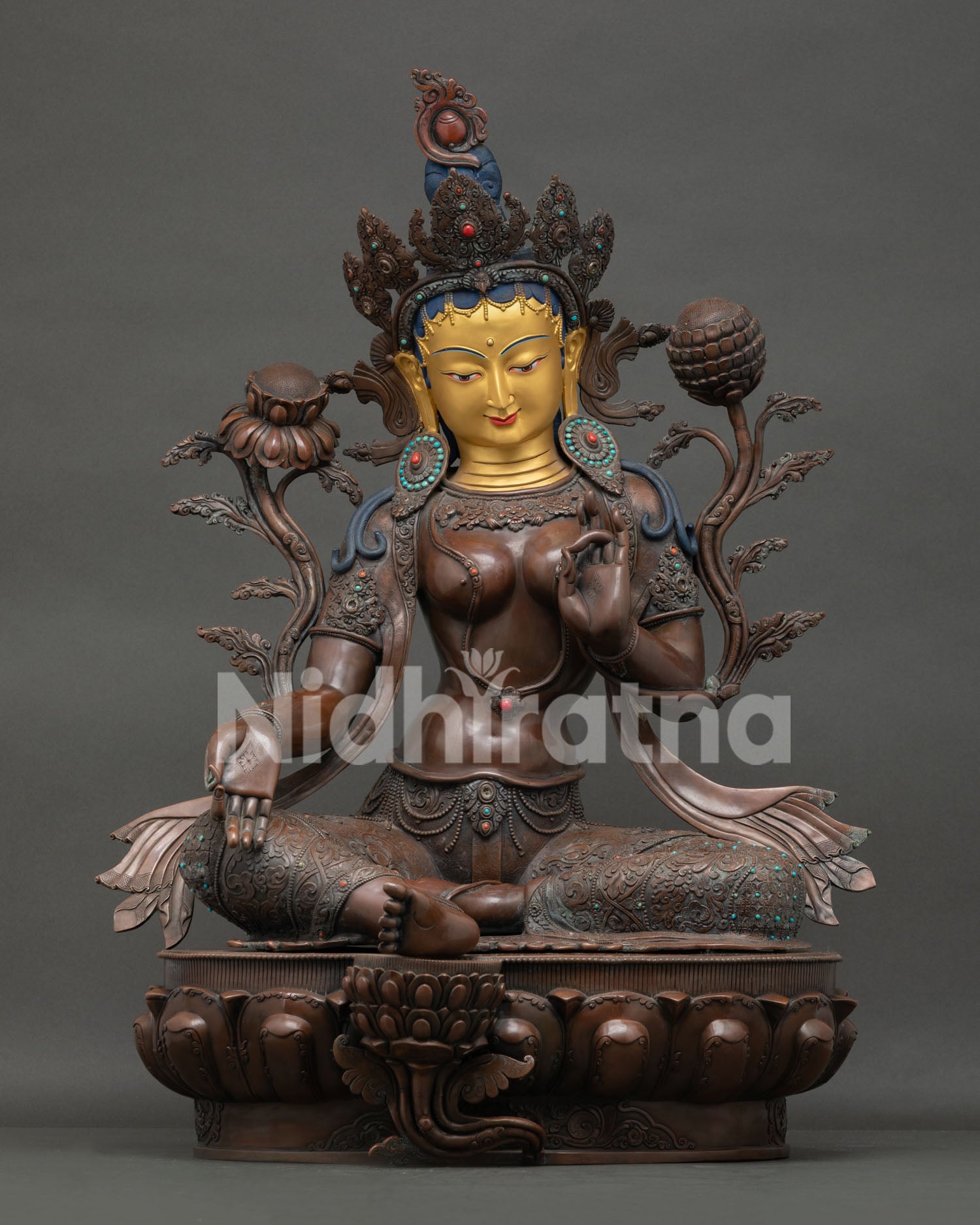 Handmade Green Tara Buddhist statue—oxidized copper figurine with gold face & turquoise inlays, Nepal