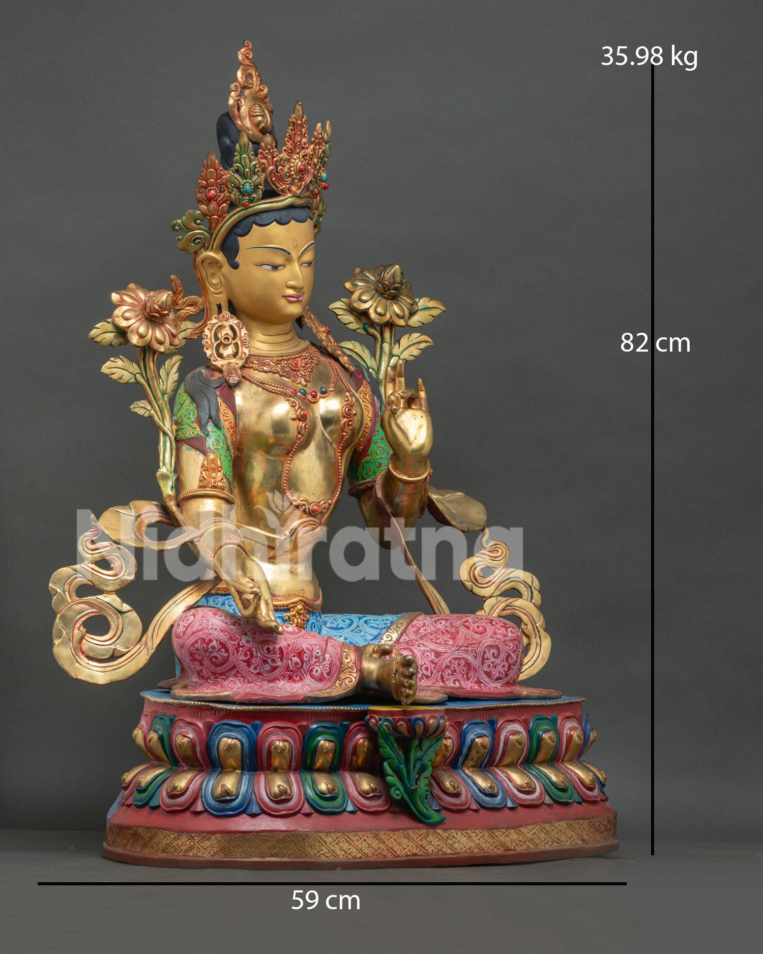 Handmade Green Tara Buddhist statue with lost wax casting and hand painted acrylic details