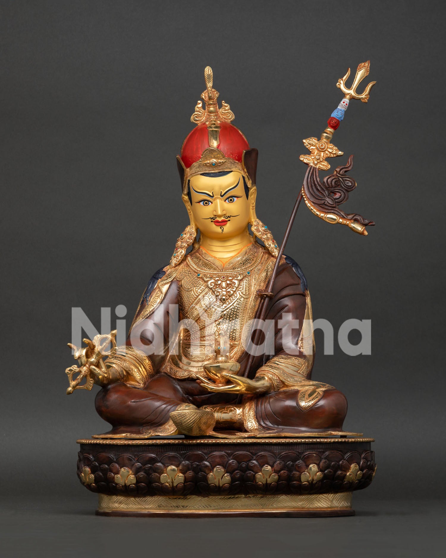 Handmade Guru Rinpoche Statue with gold fire-gilded copper body and lotus throne.