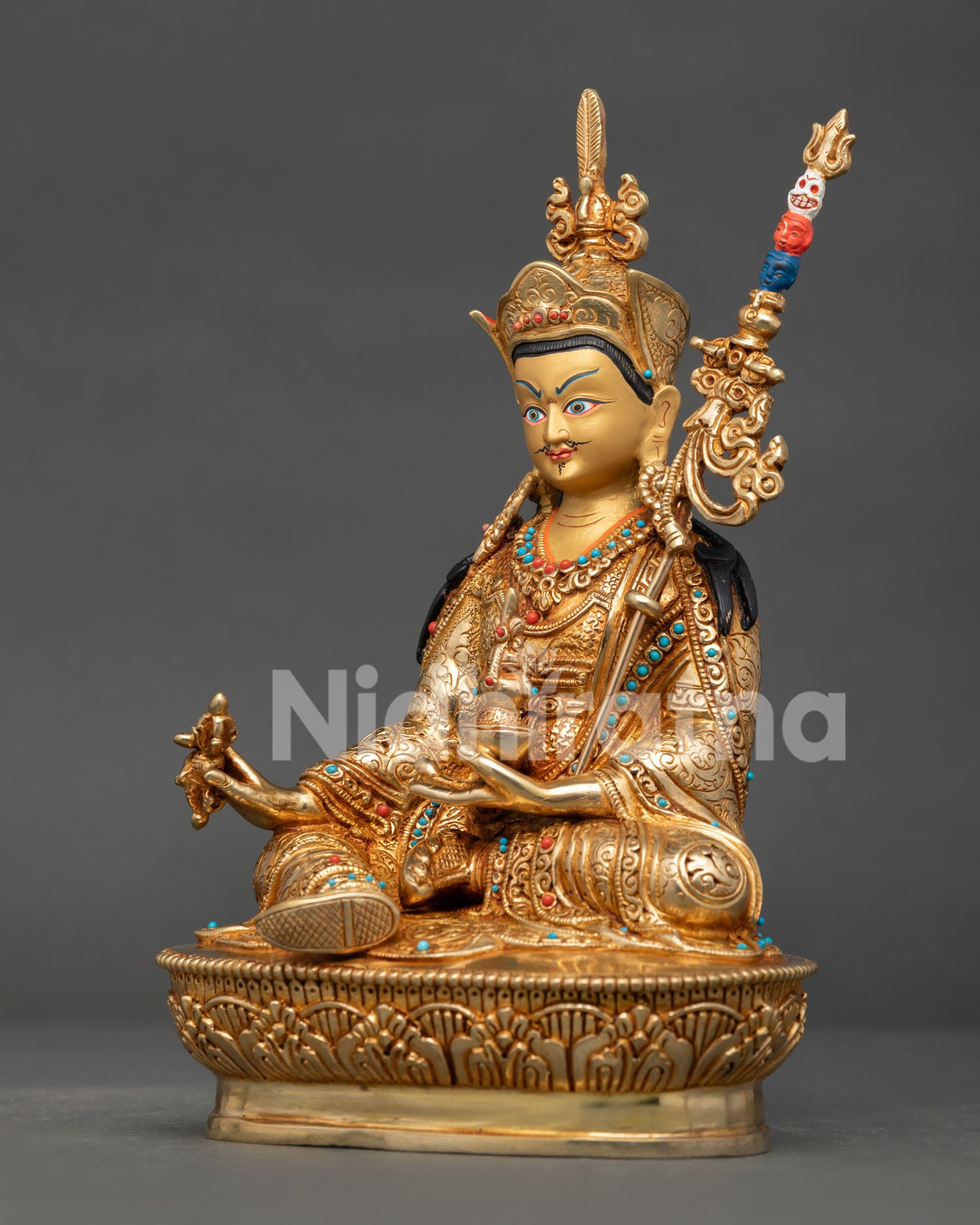 Handmade Guru Rinpoche Statue with Gold Painted Face Nepalese Art.