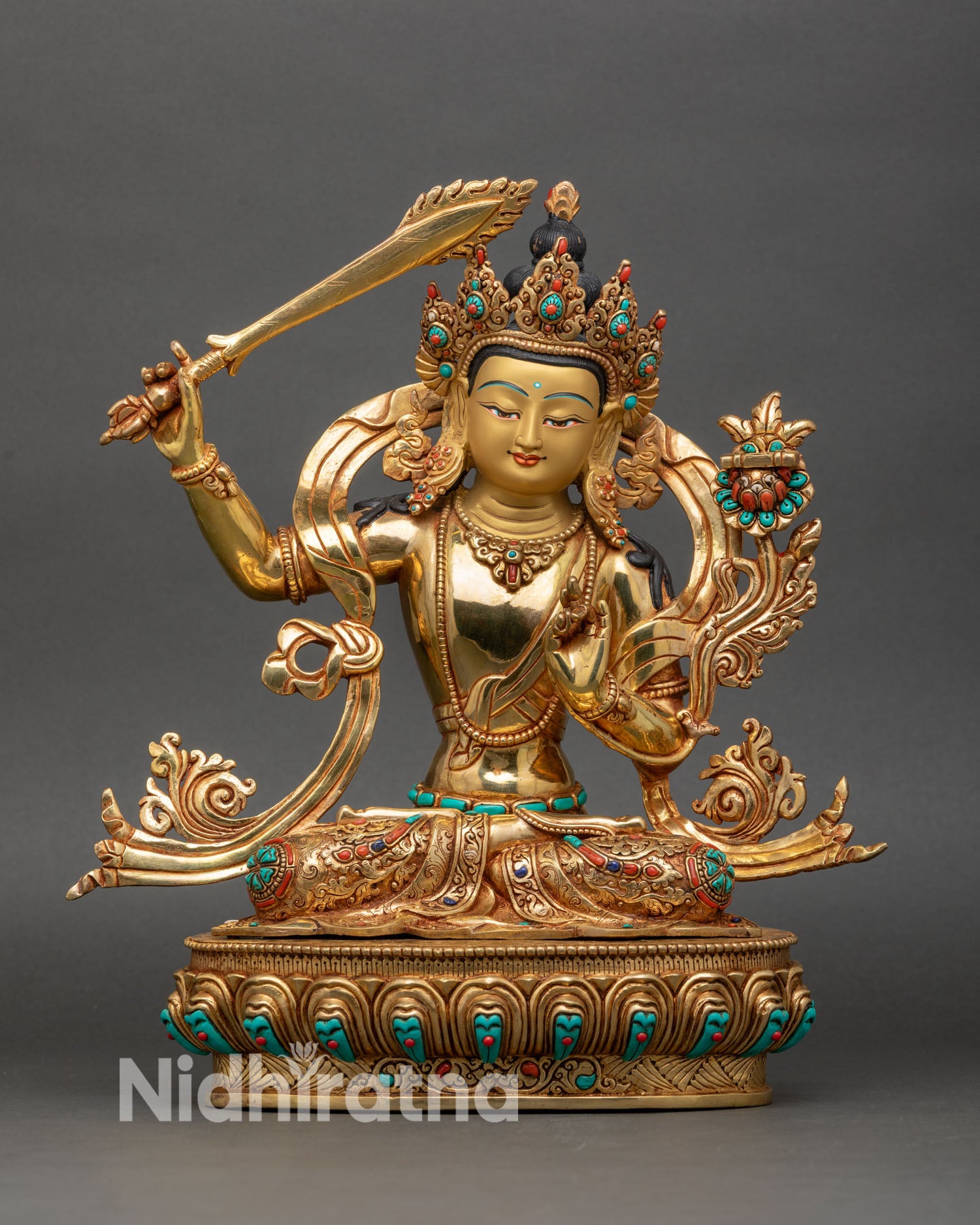 Handmade Manjushri Statue Front View, Gold Gilded Copper, Nepal