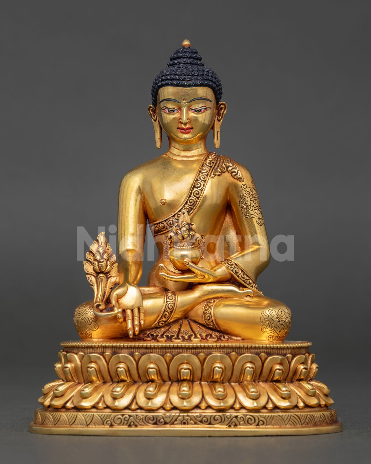 Handmade Medicine Buddha Statue front view, fire-gilded copper, double lotus throne, Nepal