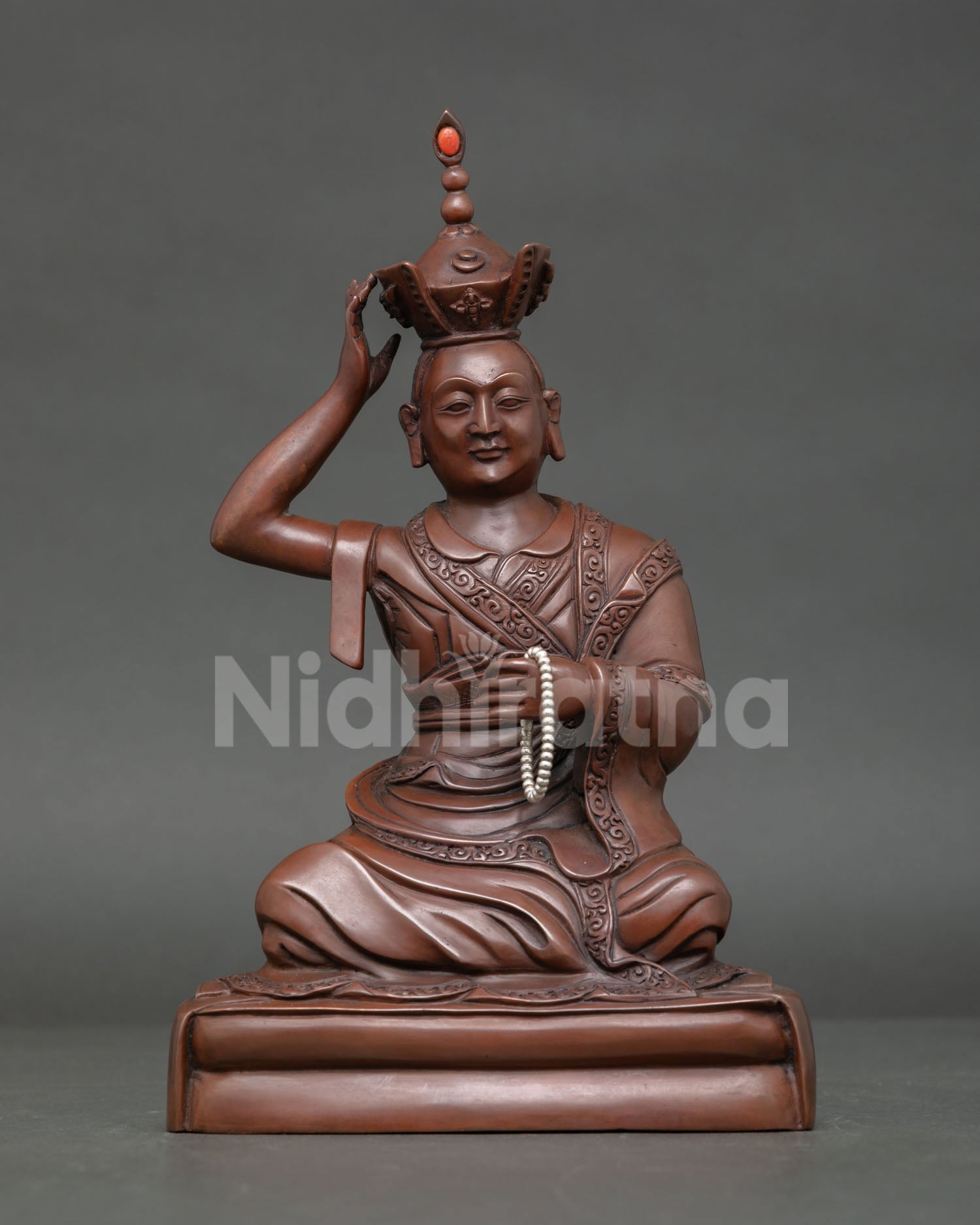 Handmade Oxidized Copper Karmapa Statue with Black Crown on Pedestal
