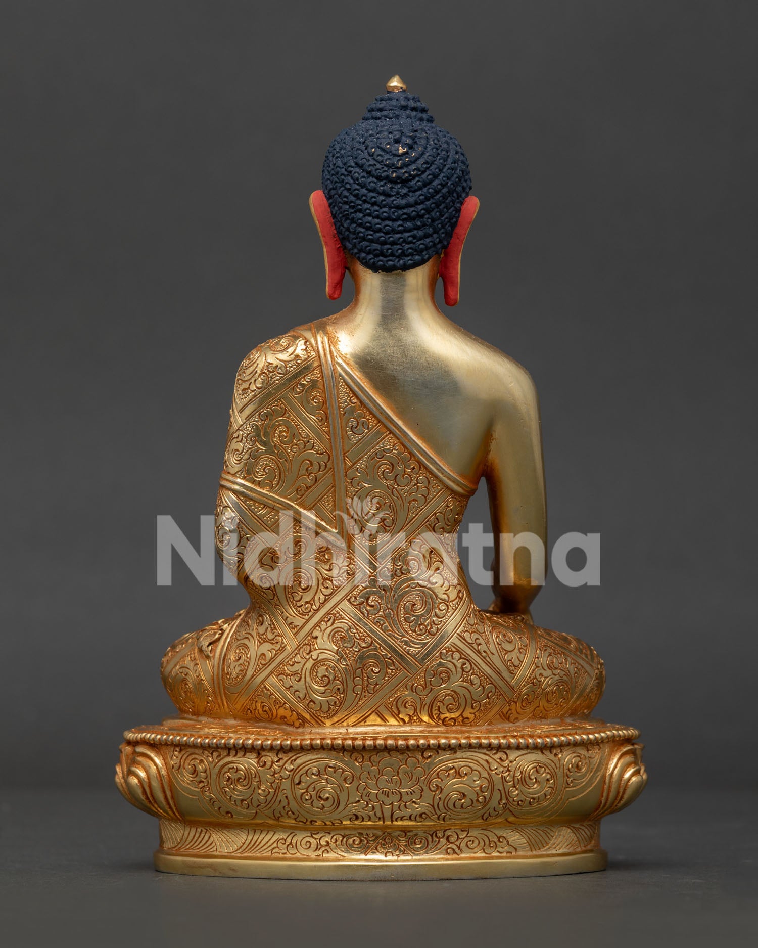 Handmade Shakyamuni Buddha Statue Back View with Gold Fire Gilded Copper Body from Nepal.