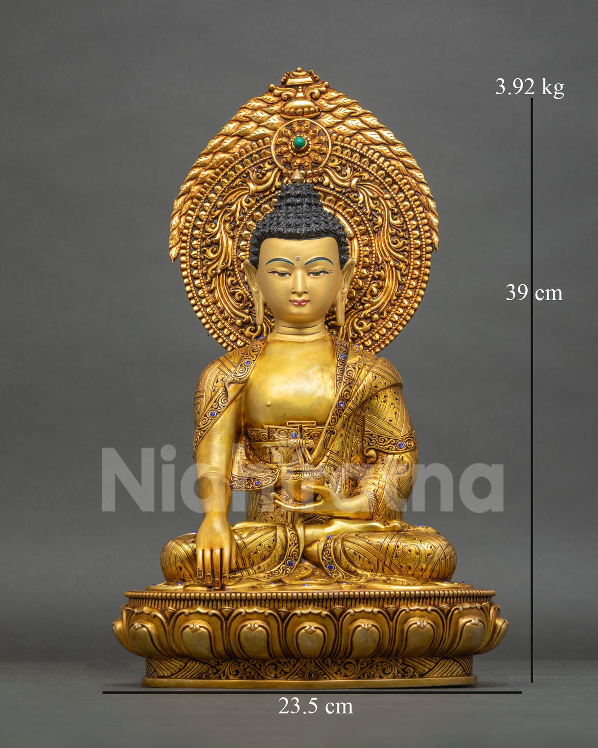 Handmade Shakyamuni Buddha statue from Nepal, front view with 24K gold fire-gilded copper and halo