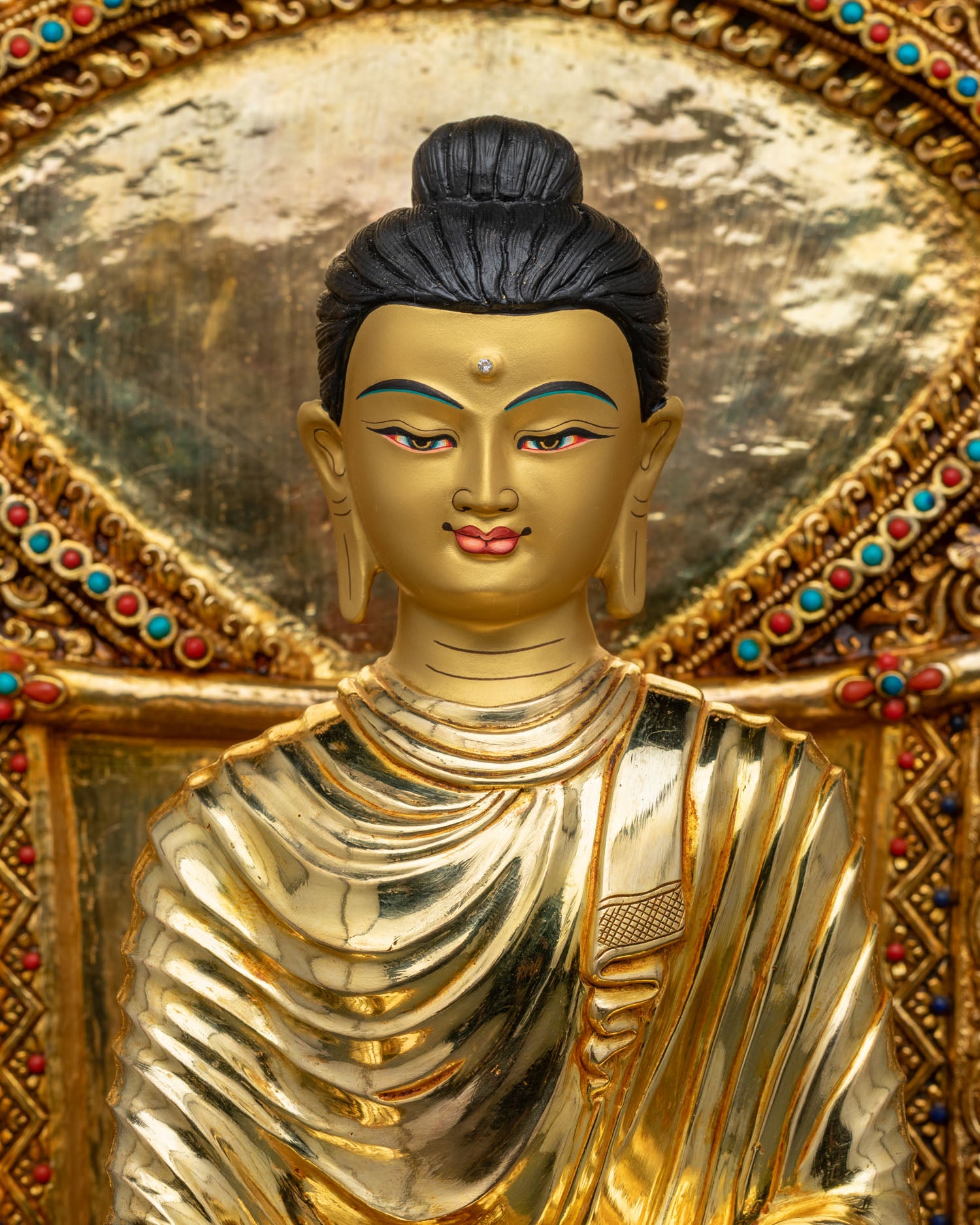 Handmade Shakyamuni Buddha Statue on Jeweled Throne with Intricate Gold Gilded Details