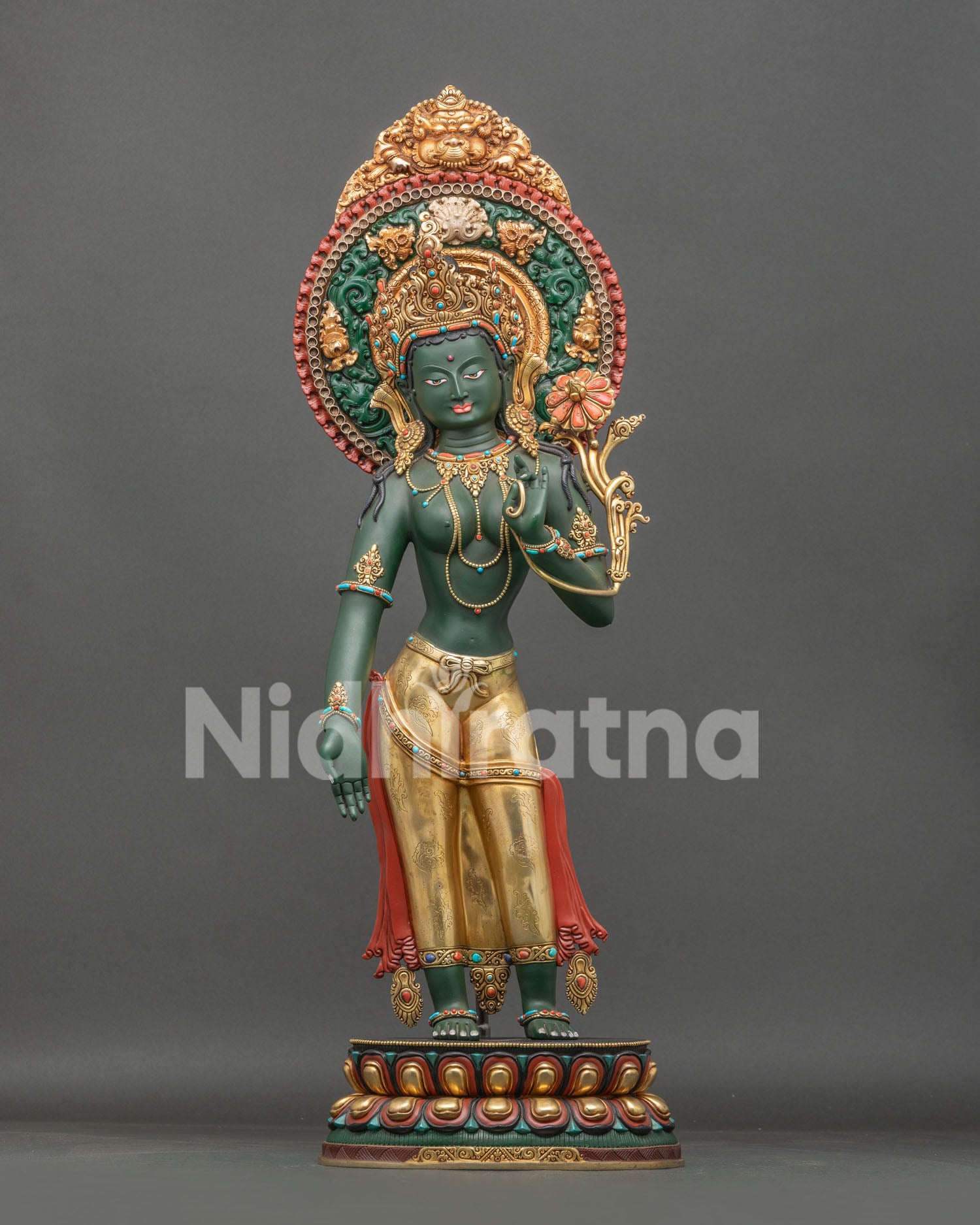 Handmade Standing Green Tara Statue, hand-cast copper sculpture by Newari artisans in Patan, Nepal