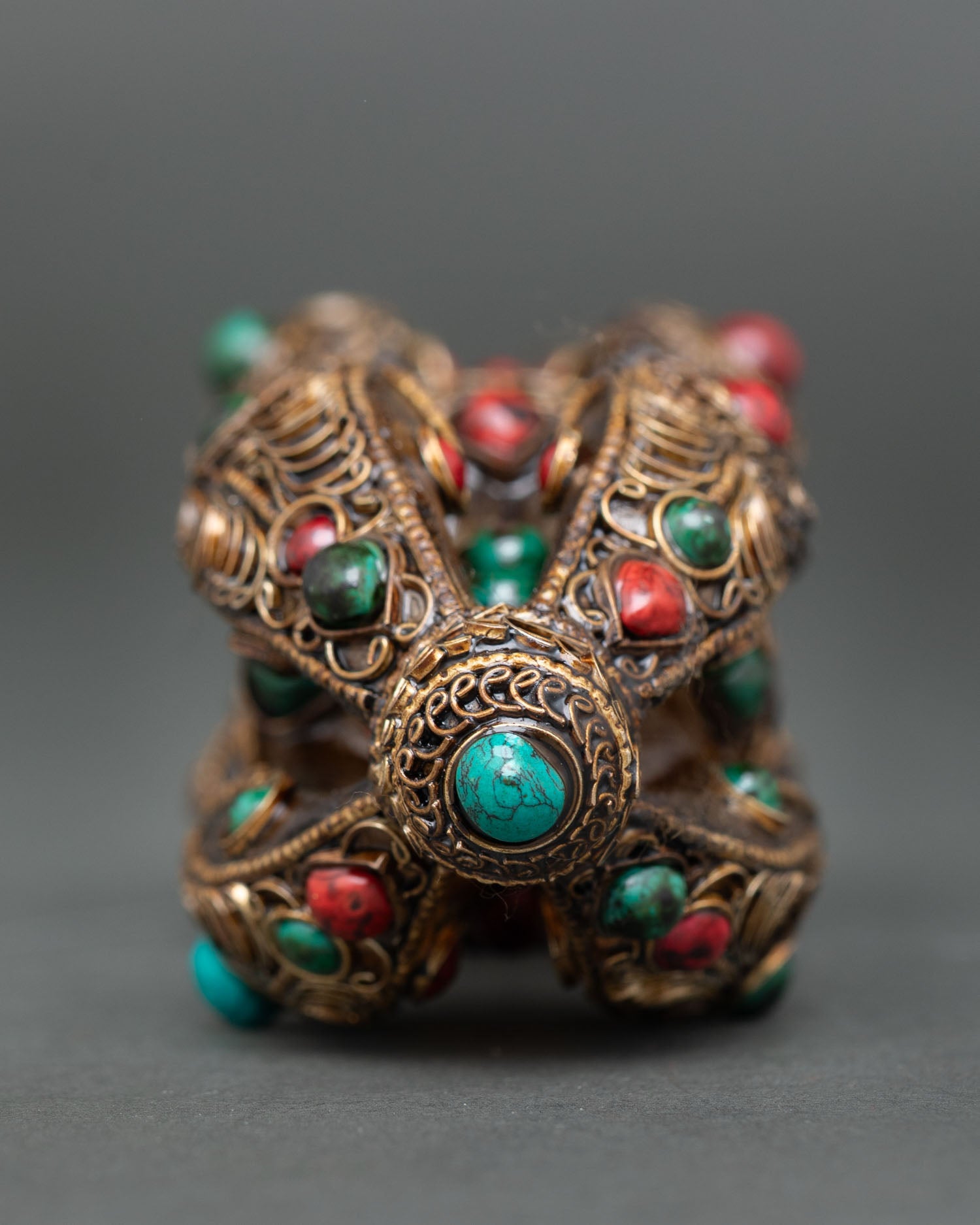Handmade Tibetan Vajra with Coral Turquoise and Emerald Stones
